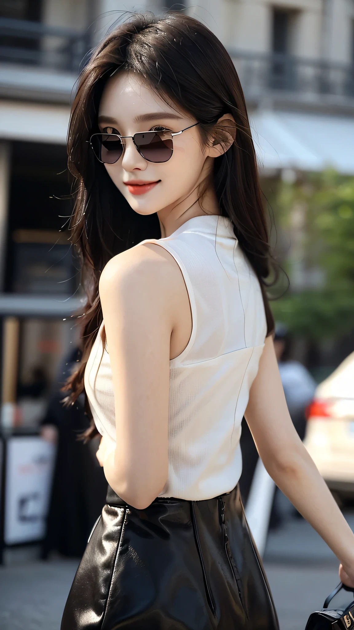 masterpiece、top-quality)、1 beutiful girl、((Wearing black sunglasses )), (Detailed beautiful eyes), ((Detailed skin)) , ((Detailed medium hair)), Walk around the store、((Boyish Brown Medium Hair))、((Smaller face))、((Neutral face))、((Face seen from the side))、((Light brown eyes))、((Korean Girl))、((18year old))、((cool lady))、((A shy smile on his face))、((Korean Makeup))、((elongated and sharp eyes))、((Happy dating))、((boyish))、((Shot from the same height as your face)、), ((CG rendering)), ((Blurred background)), ((16K)), ((Very detailed)), ((wallpaper)), ((depth of field)), ((movie light)), (( Ray tracing)).