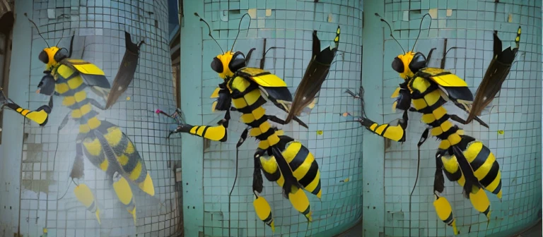 there are three pictures of a Abeja with a yellow and black striped body, 3 d Abeja, human structure Abeja concept art, photo of a crazy avispa, biopunk cyborg avispa, friendly humanoid insecto robot, cyborg avispa, insectoile forearms folded, insectooid, Abeja, full of insecto robots, pbr sombreado cel, cyberpunk Abeja, insecto, avispa