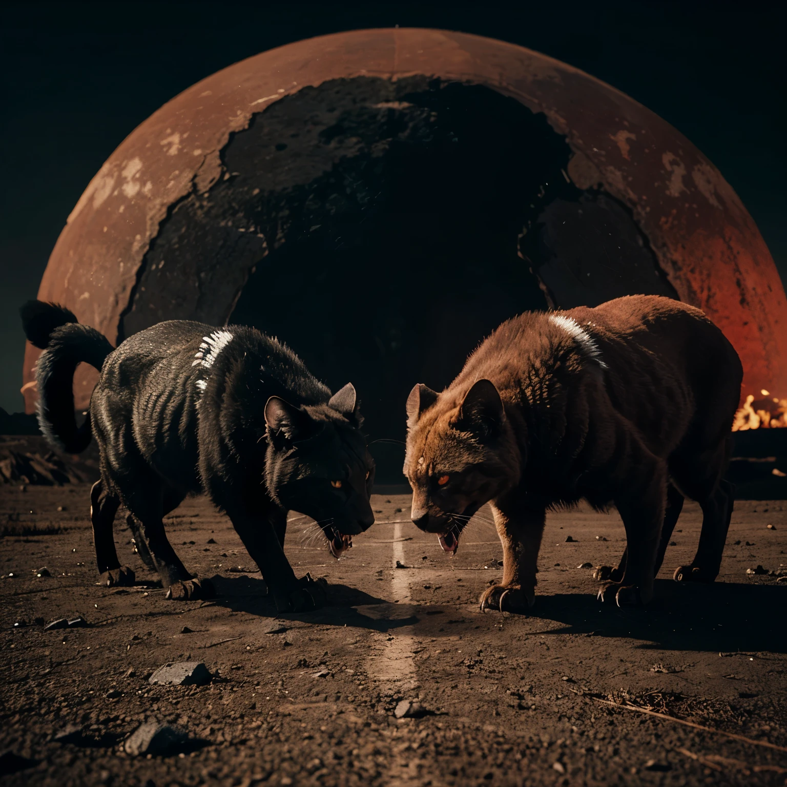 "Hissing, with claws drawn threateningly, the two attacked each other. Paw strike, bite and paw slash! The red crater had one eye in sight for the black one. Screaming, he rushed towards him. It was not far off that he would have scratched out his eye. 

Draw the duel. Use red and black for the two animals in the foreground. You only need to sketch the background.
