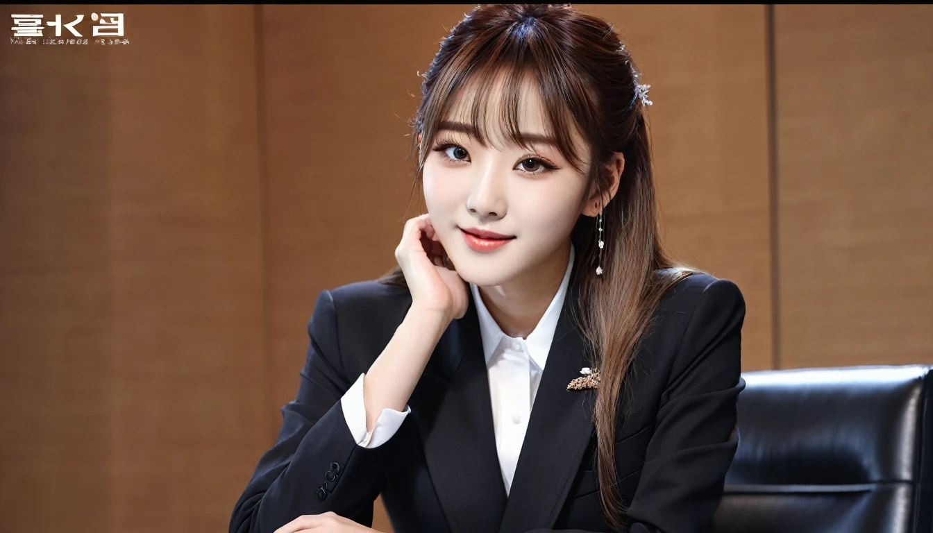 masterpiece、1 beautiful girl、Detailed eyes、Puffy eyes、highest quality, 超A high resolution, (reality: 1.4), Cinema Lighting、Japanese、Asian Beauty、so beautiful、Beautiful Skin、thin、Body facing forward、(超reality的な)、(High resolution)、(8k)、(Very detailed)、(beautiful Detailed eyess)、(Very detailed)、 (wall-)、Detailed face、Bright lighting、Professional Lighting、Looking at the audience、Look straight ahead、(Dressed in a black business suit.)、Television Station,News Studio,Sitting at a desk,Long Hair, Beautiful Hair, Asymmetrical bangs, 、Night view、Brown Hair、Japanese Idols、Korean Idols、Fiery idol pose、、21 years old、expensive, smile, 