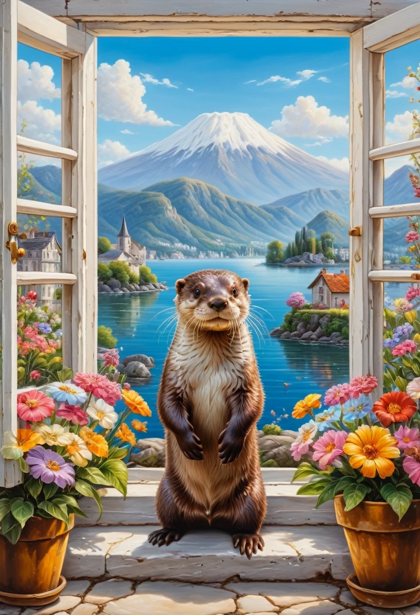 (a cute Otter), flowers, outdoor, sky, window, building, scenery, house,oil painting style, (masterpiece, best quality, Professional, perfect composition, very aesthetic, absurdres, ultra-detailed, intricate details:1.3)