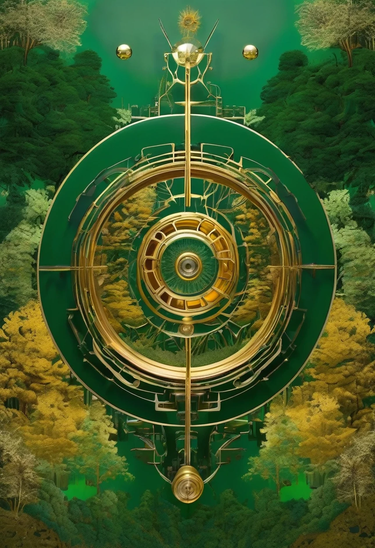 opening of the mind into utopia, utopiasphere, abstract art, trees, circular warm colors contrasting with nature, long landscape of beauty and balance, (dark green flow of a background), (golden machinery), (golden machinery organs of body)