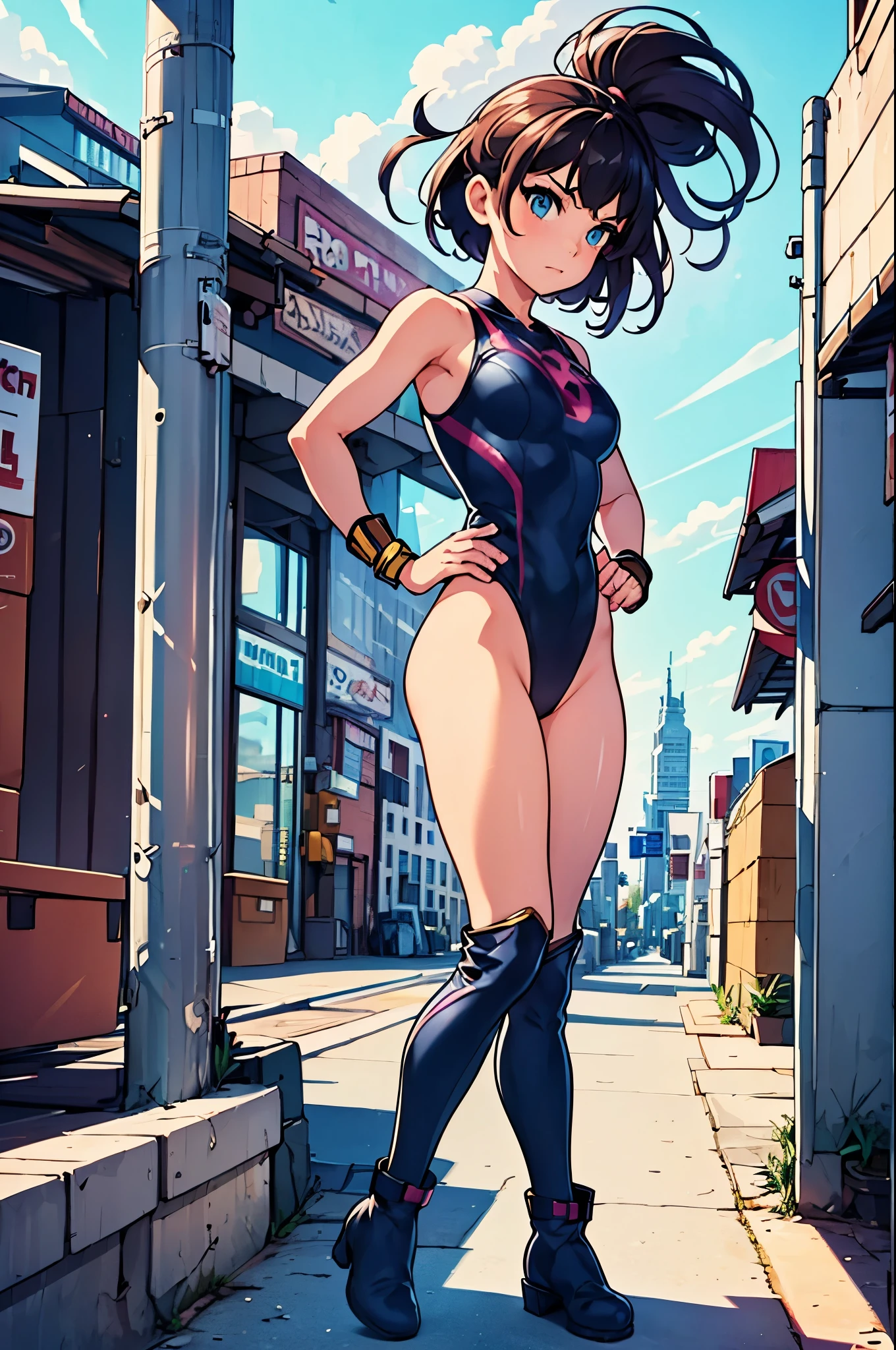 1girl, city backdrop, anime superhero, (leotard, gymnast_outfit leotard), boots, bracelets, hand on hip