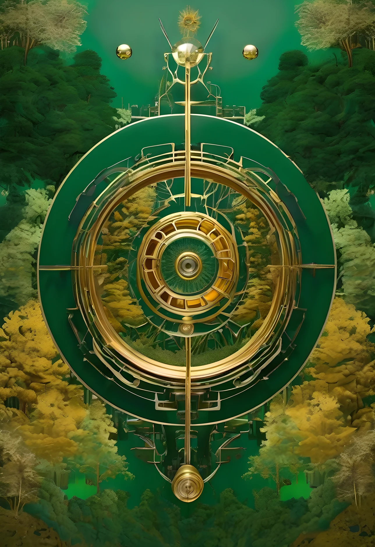 opening of the mind into utopia, utopiasphere, abstract art, trees, circular warm colors contrasting with nature, long landscape of beauty and balance, (dark green flow of a background), (golden machinery), (golden machinery organs of body)