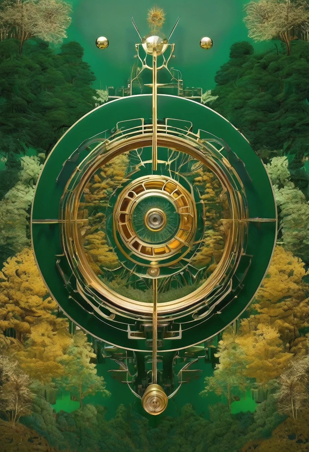 opening of the mind into utopia, utopiasphere, abstract art, trees, circular warm colors contrasting with nature, long landscape of beauty and balance, (dark green flow of a background), (golden machinery), (golden machinery organs of body)