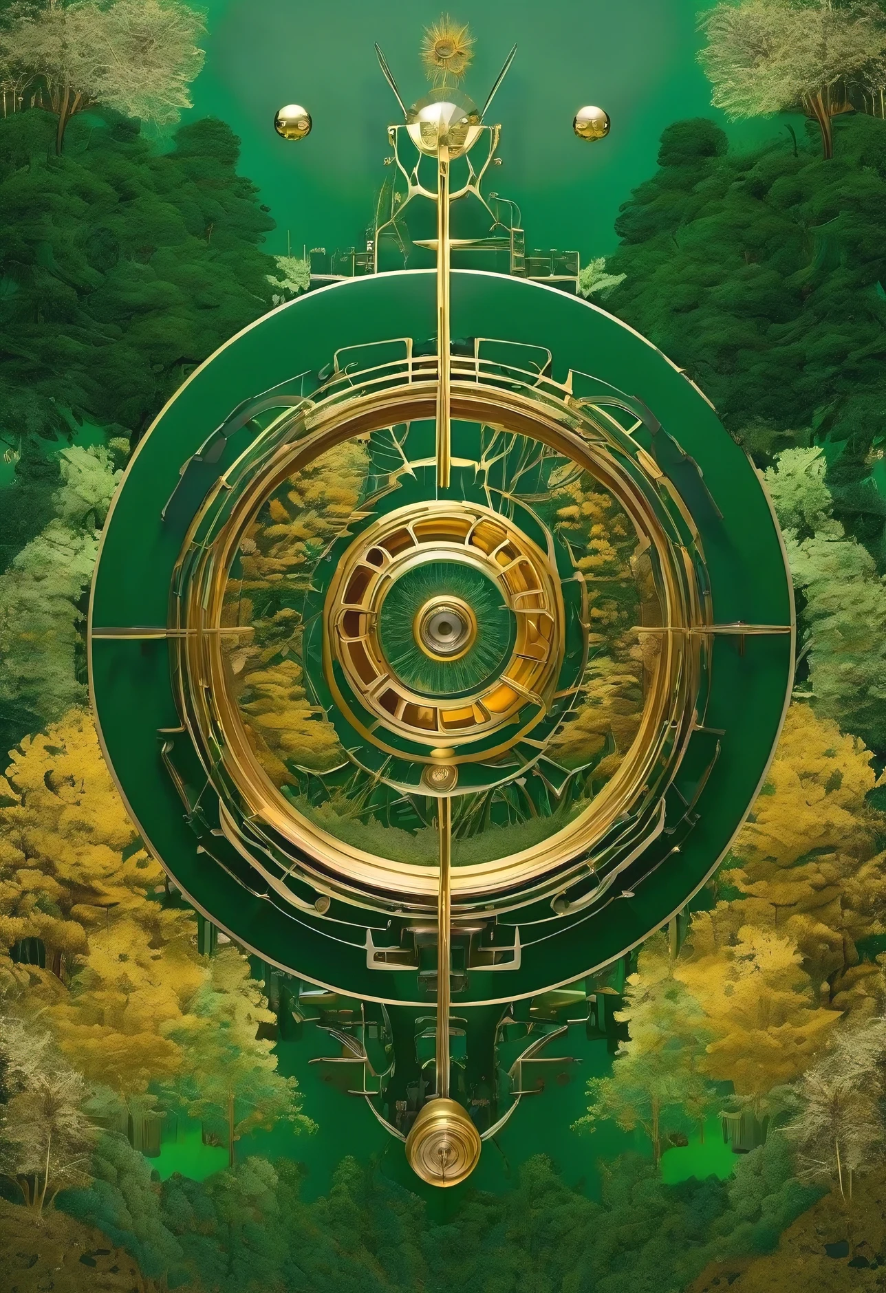 opening of the mind into utopia, utopiasphere, abstract art, trees, circular warm colors contrasting with nature, long landscape of beauty and balance, (dark green flow of a background), (golden machinery), (golden machinery organs of body)