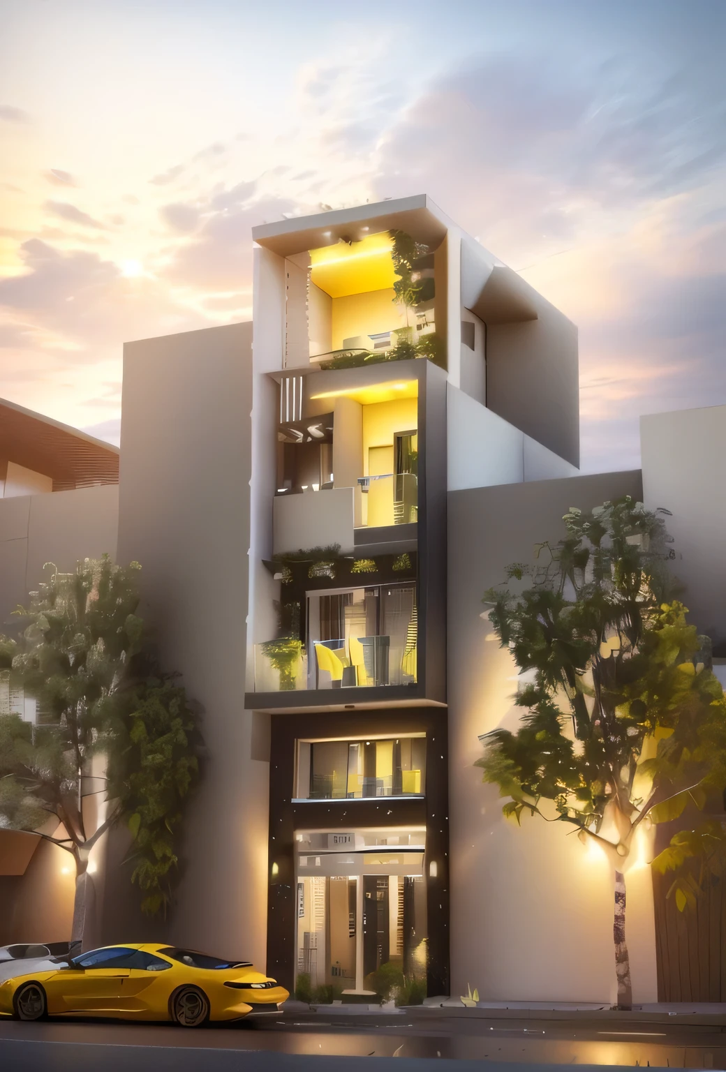 arafed image of a modern apartment building with a yellow car parked in front, exterior design, frontview, front elevation view, residential, 3 d rendering, 3d rendering, concept house, complete house, mid-view, front-view, d render, inter dimensional villa, residential design, elevation view, urban house, conceptual, 3 d vray render