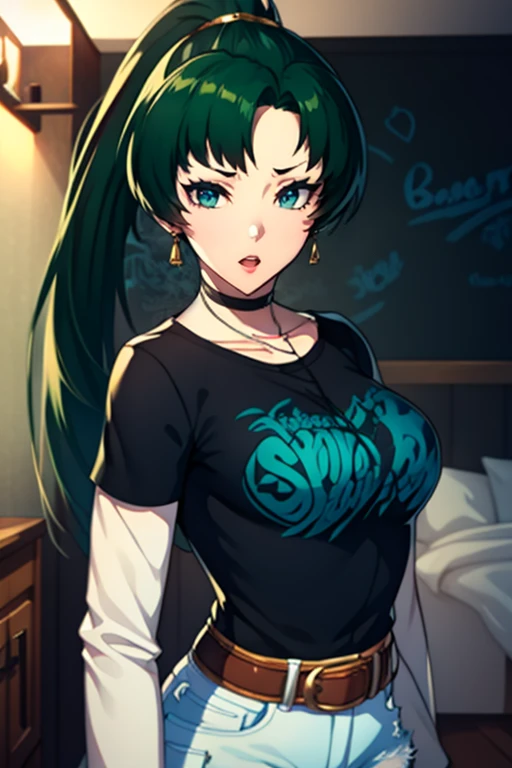 lyn, ponytail, green eyes, green hair ,1girl, solo, black t-shirt, white shirt, large breasts, blue jeans, belt, lipstick