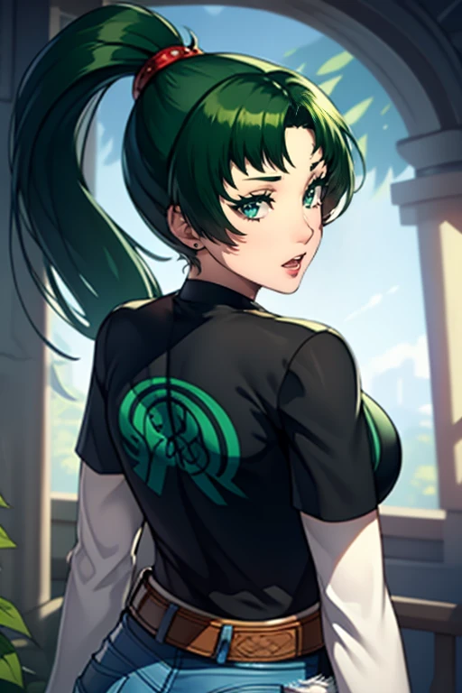 lyn, ponytail, green eyes, green hair ,1girl, solo, black t-shirt, white shirt, large breasts, blue jeans, belt, lipstick