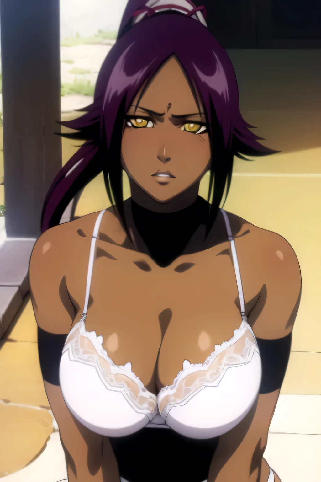 1 woman, yoruichi shihouin, dark skinned, long dark purple hair, ponytail, ((detailed eyes:1.2)), wearing tanktop, sexy, sensual, sleeveless, underboob, masterpiece, top quality, best quality, official art, beautiful and aesthetic:1.2), extreme detailed, colorful, highest detailed