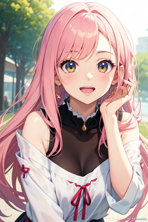 Chica anime con cabello rosado y vestido negro con un lazo., anime visual de una linda chica, en un anime, sakura haruno, como personaje de anime, ella tiene una linda cara expresiva, slightly happy facial expression, lolish, mejor chica anime, chica anime llamada lucy, in the anime movie, en una obra maestra del anime, pudica pose, fotograma fijo de anime