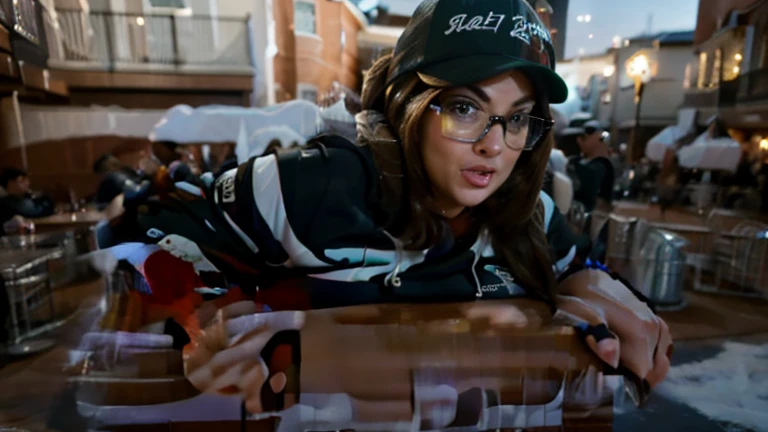 brunette curvy ssbbw wearing leggings and a hoodie with glasses and a baseball cap stuck in the chimney