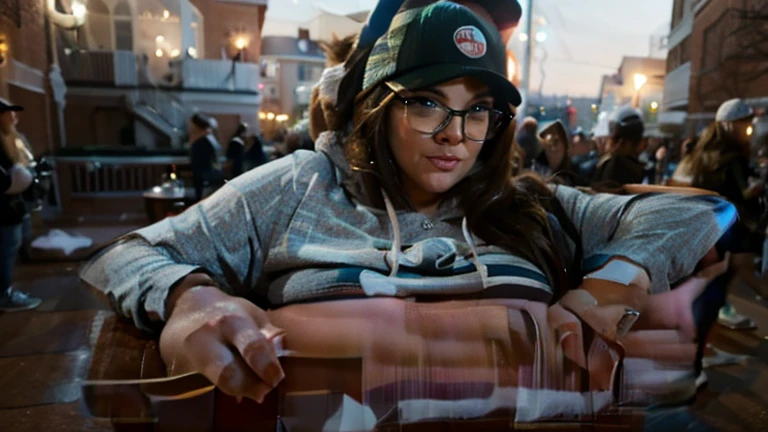 brunette curvy ssbbw wearing leggings and a hoodie with glasses and a baseball cap stuck in the chimney