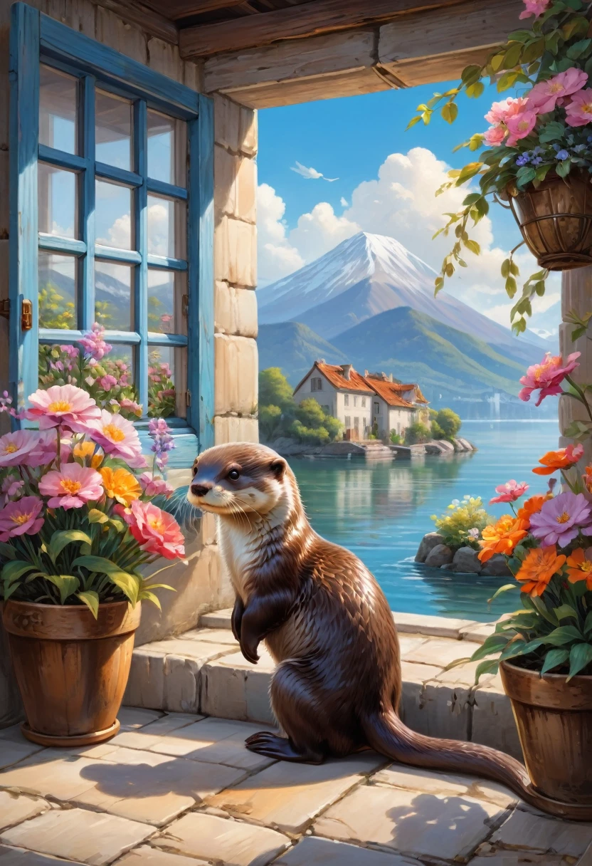 (a cute Otter), flowers, outdoor, sky, window, building, scenery, house,oil painting style, (masterpiece, best quality, Professional, perfect composition, very aesthetic, absurdres, ultra-detailed, intricate details:1.3)
