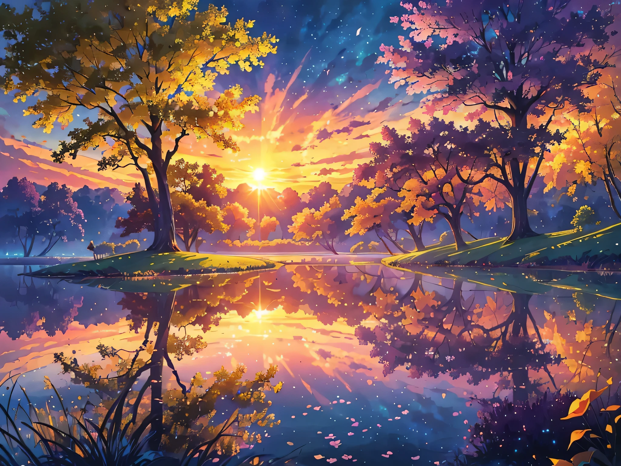 (best quality,4k,8k,height,Masterpiece:1.2),very detailed,(realistic,photorealistic,photo-realistic:1.37),sunset,illustration,oil painting,Beautifully detailed scenes,bright colors,Soft lavender sky,orange,red,yellow,lilac,purple,green,light blue,Beautiful garden with flowers in bloom,Serene atmosphere,Gentle breeze,birds fly freely,The majestic tree stands tall.,The sun slowly sets behind the horizon.,Fascinating views of nature,Quiet reflection in a small pond,Colorful sunlight filters through the leaves.,The golden sun casts a warm glow.,The mood is calm and peaceful.,The magical harmony of colors,Memorable and captivating scenery