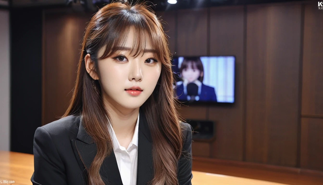 masterpiece、1 beautiful girl、Fine grain、Puffy eyes、highest quality, 超A high resolution, (reality: 1.4), Cinema Lighting、Japanese、Asian Beauty、so beautiful、Beautiful Skin、thin、Body facing forward、(超reality的な)、(High resolution)、(8k)、(Very detailed)、(beautiful Fine grains)、(Very detailed)、 (wall-)、Detailed face、Bright lighting、Professional Lighting、Looking at the audience、Look straight ahead、(Dressed in a black business suit.)、Television Station,News Studio,Sitting at a desk,Long Hair, Beautiful Hair, Asymmetrical bangs, 、Brown Hair、Japanese Idols、Korean Idol、Fiery idol pose、、21 years old、expensive, Serious expression, 