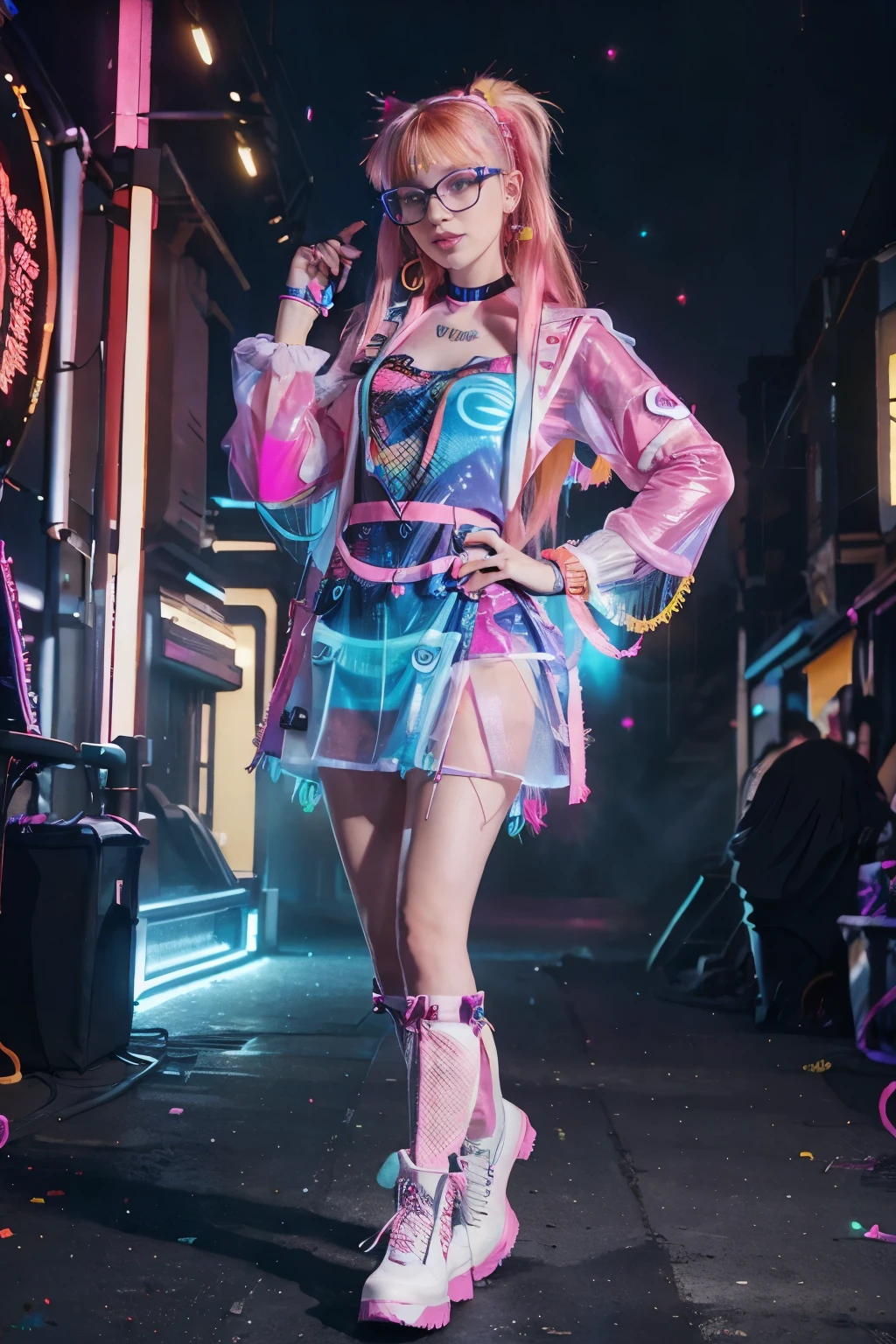 ginger girl,very pale skin full of freckles, glasses, in neon plastic dress and white boots walking through the festival entrance, a photo inspired by Lisa Frank, trending on cg society, pop art, bold rave outfit, y2k style, y 2 k style, cute rave outfit, neon vibes, y 2 k fashion, fun rave outfit, rave outfit, wild rave outfit, profile pic,