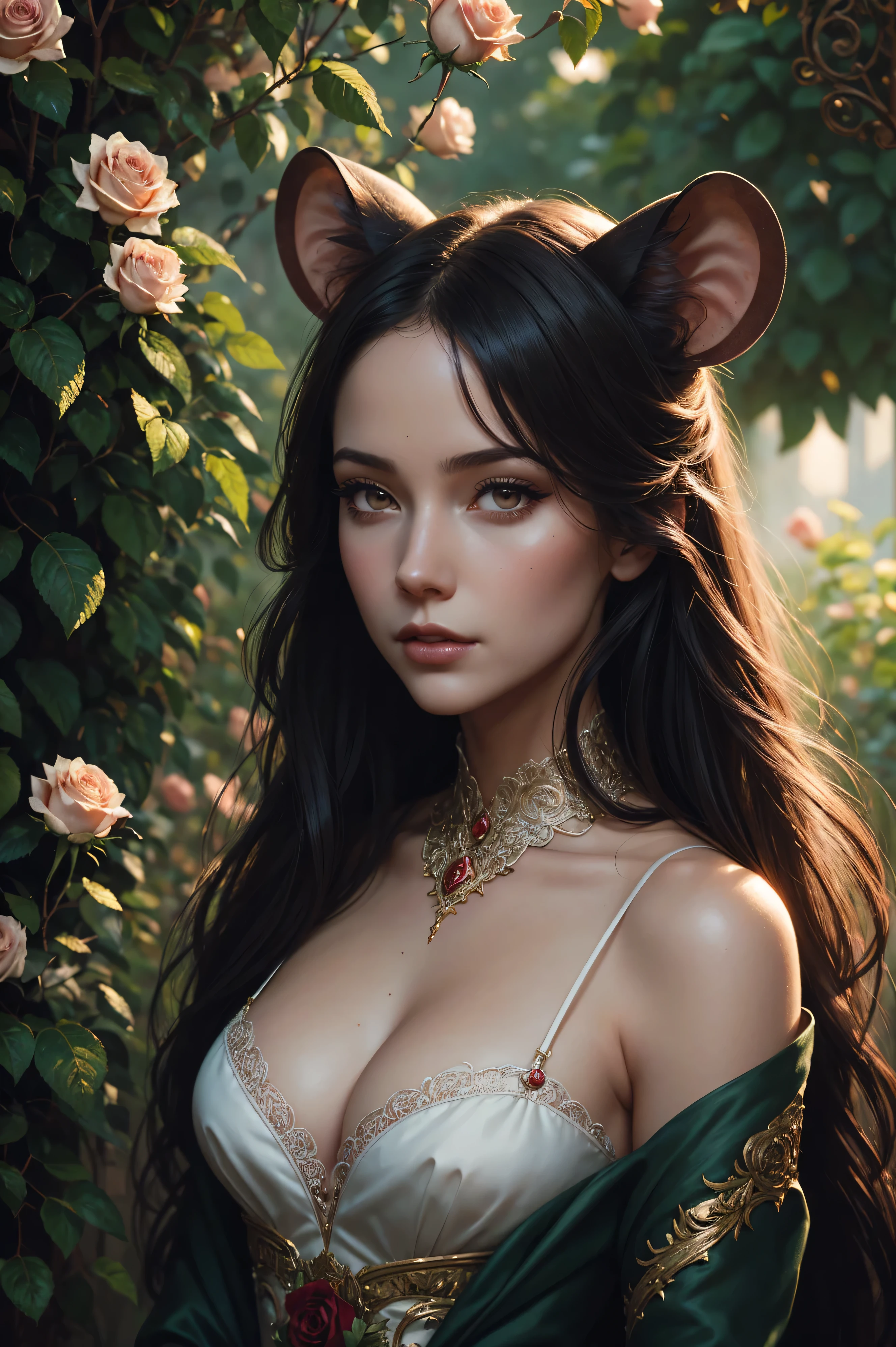 portrait Rose Williams wearing sexy mouse costume, against the background of the garden, character portrait, 3 9 9 0 s, long hair, intricate, elegant, highly detailed, digital painting, artstation, concept art, smooth, sharp focus, illustration, art by wlop, charlie bowater and alexandra fomina