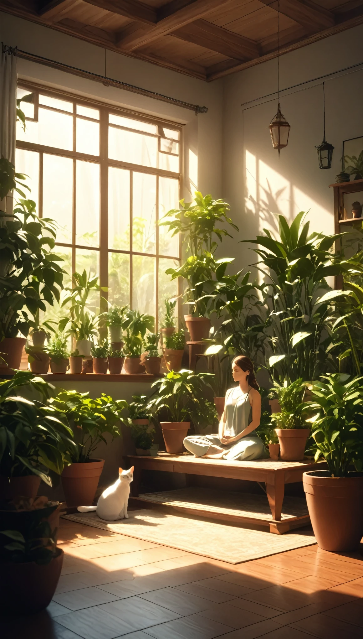 Pessoa ocidental meditando cercada de gatos. The setting is the interior of a beautiful room with many potted plants. cinematic lighting. Pessoa meditando. meditation. ultra HD 