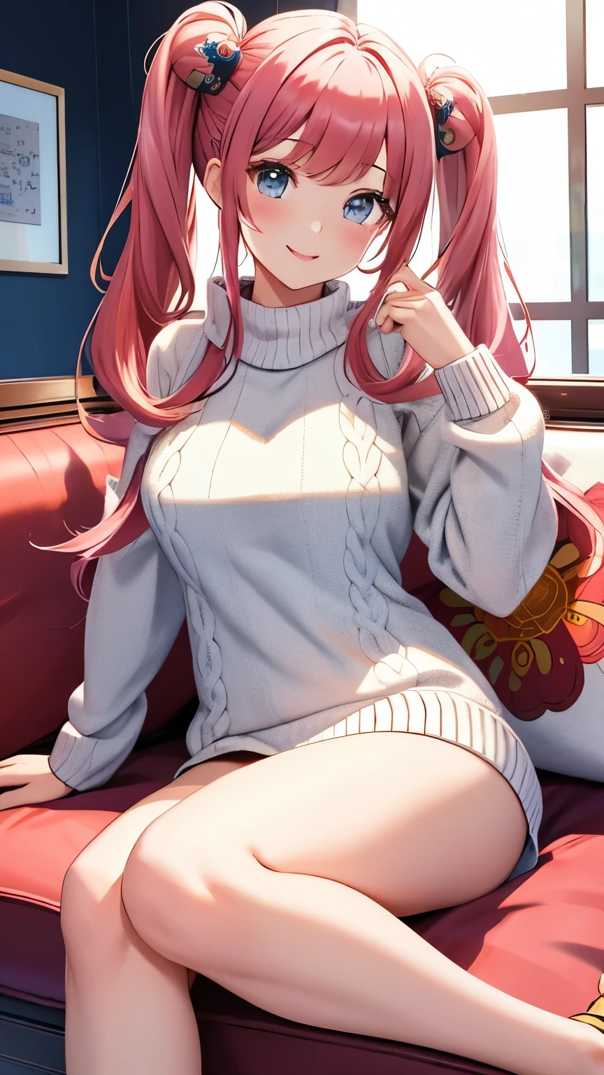 best quality, 1girl, masterpiece ultra detailed, illustration, yang guifei, glossy lips, light smile, sitting, twintails, sofa, (knit sweater)