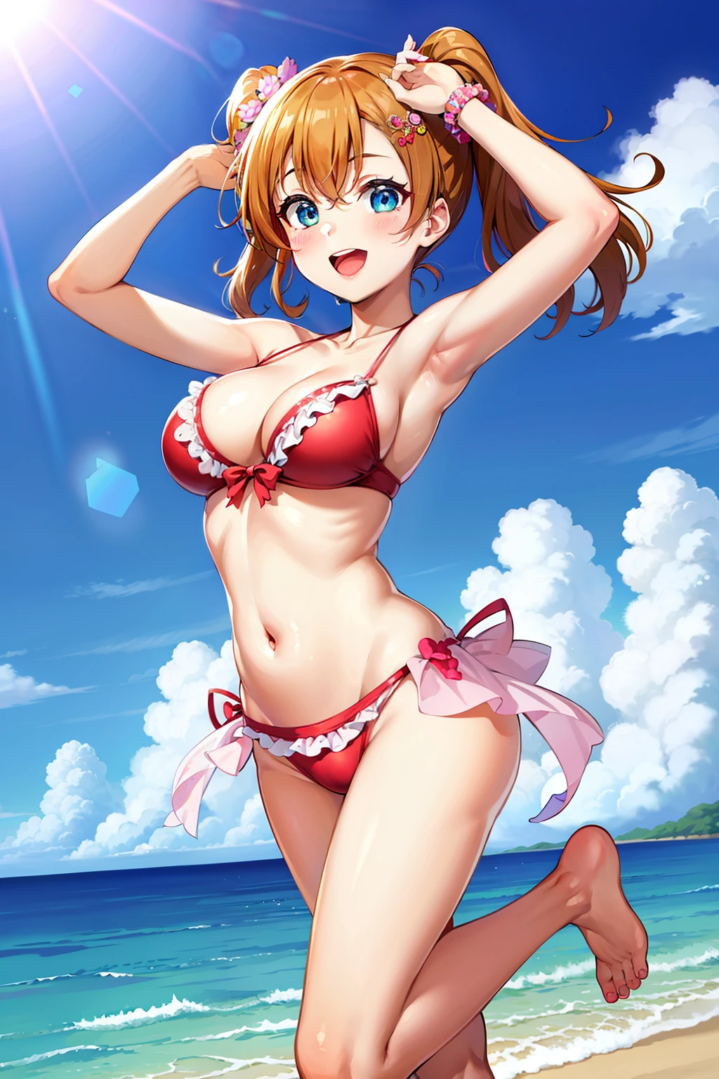 Masterpiece, 4K, best quality, ultra-detailed, kawaii, cute, lovely, (extremely detailed), 8K, beautiful, (world-class quality), highly detailed, shaded pretty face, full body, solo, j-carmen-maki, anime girl, pink bikini, red panties, perky breasts, (emphasized assets), sun-kissed skin, ocean backdrop, playful pose, (highly stylized), cherry blossom hair accessories, (vibrant color palette), big animated eyes, (expressive facial features), blushing cheeks, (iconic j-carmen-maki style