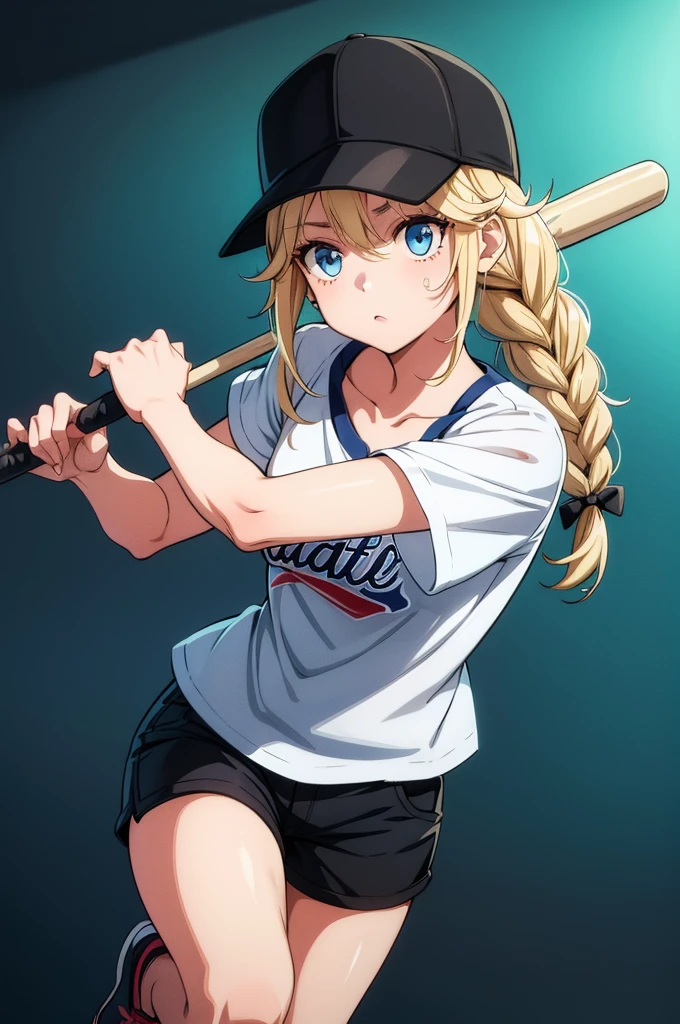 a girl in baseball cap with paint splattered face about to swing baseball bat, 1girl, hat, blonde hair, blue eyes, shorts, braid, solo, twin braids, baseball cap, black shirt, shirt, long hair, black headwear, collarbone, shoes