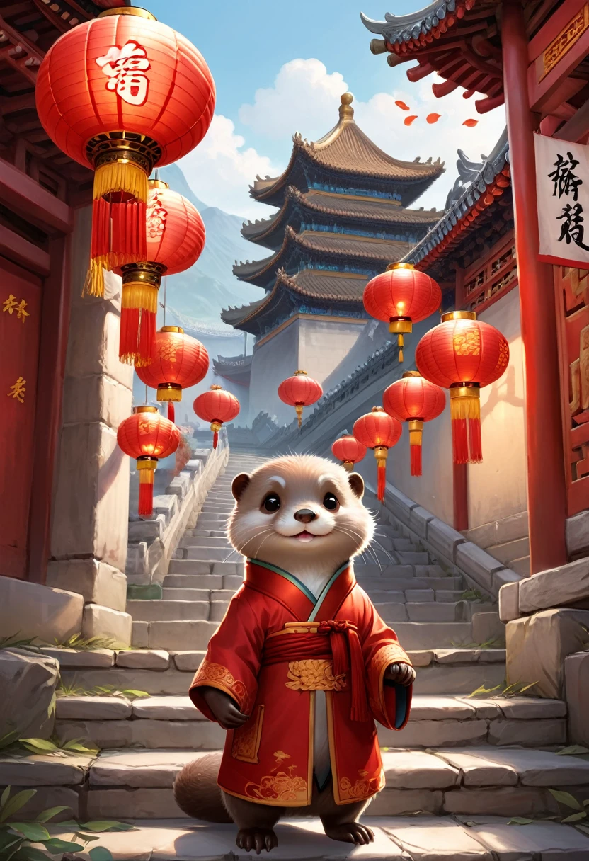 artist_ningen_mame,artist_ciloranko,artist_rhasta,best quality,(masterpiece),A cute Otter, wearing red scarves and a cotton jacket stands on the stairs of an ancient street in China, surrounded by lanterns. The scene is depicted in the style of anime, featuring soft lighting and high resolution. It has influences from European and American cartoon styles and anime aesthetics, with oshare kei, charming characters, and elements of Chinese New Year. , The Forbidden City,Chinese traditional culture, red lanterns, (masterpiece, best quality, Professional, perfect composition, very aesthetic, absurdres, ultra-detailed, intricate details:1.3)