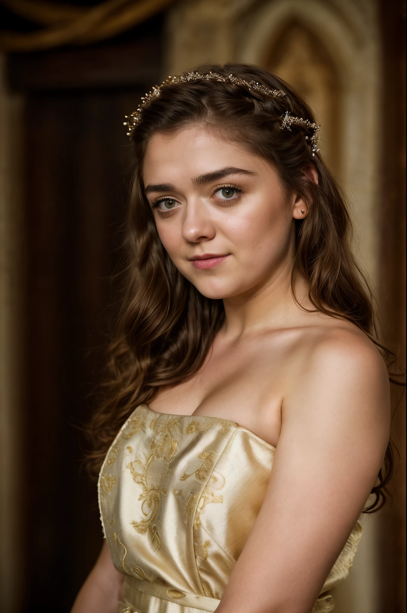 Foto RAW, Arya Stark, Stunning Beauty, Ravishing, Enchantress, Extremely gorgeous lady, Arya Stark PLAYED BY MAISIE WILLIAMS, Queen Arya Stark, she  a mature woman now, milf, sexy mediaeval battle dress, gladiator woman, body, 40 years old Woman, Roman slave dress, cotton dress, busty mediaeval costumes, body revealing costumes, perky breast, big natural breast, erotic costumes, lusty physique, seductive figure can capture every people's attention, Game of thrones costumes, revealing captivating figure, Mediaeval costumes, revealing clothes, A tomboy, she would rather fence than dance, warrior queen , game of thrones screen caps, Game of Thrones Series, (pele altamente detalhada: 1.2), 8k UHD, DSLR, soft-lighting, alta qualidade, grain of film, Fujifilm XT3, flawless picture, highly detailed, detailed Beauty, intricate, 32k, sharp picture,