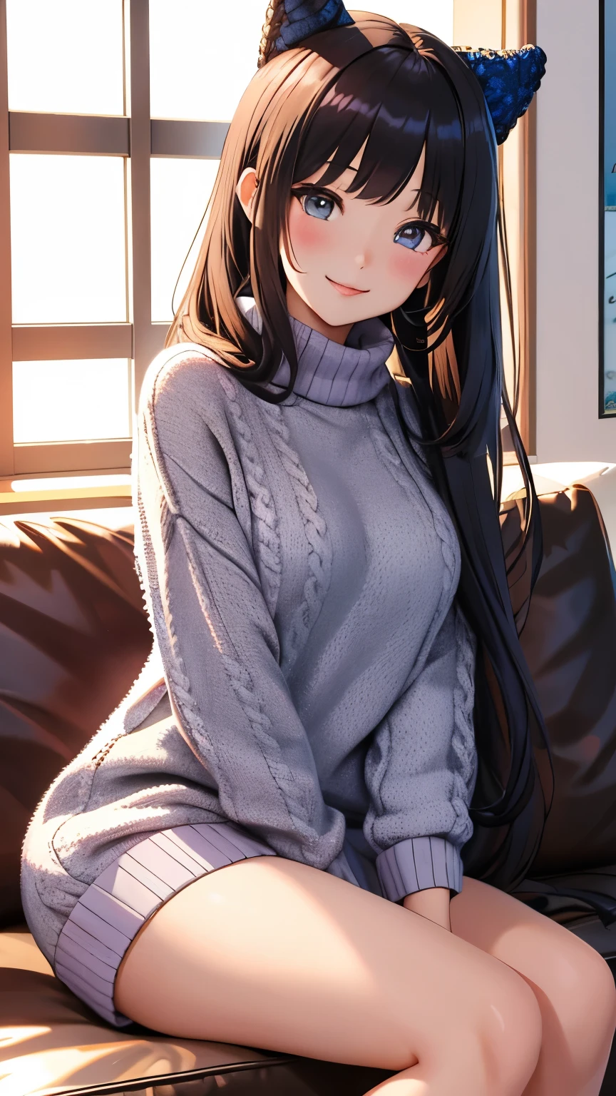 best quality, 1girl, masterpiece ultra detailed, illustration, yang guifei, glossy lips, light smile, sitting, sofa, (knit sweater)