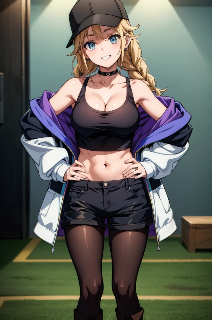 masterpiece, score_9, score_8_up, score_7_up, source_anime, best quality, extremely detailed, 1girl, milf, solo, zeta, (large breasts:1.8), ((((blonde hair), medium hair, purple eyes, cat ears, blonde cat tails))), purple lips, (((open hoodie, tanktop, crop top, navel, medium skirt, pantyhose))), ((light smile), closed mouth), ((outdoor, ruined city))