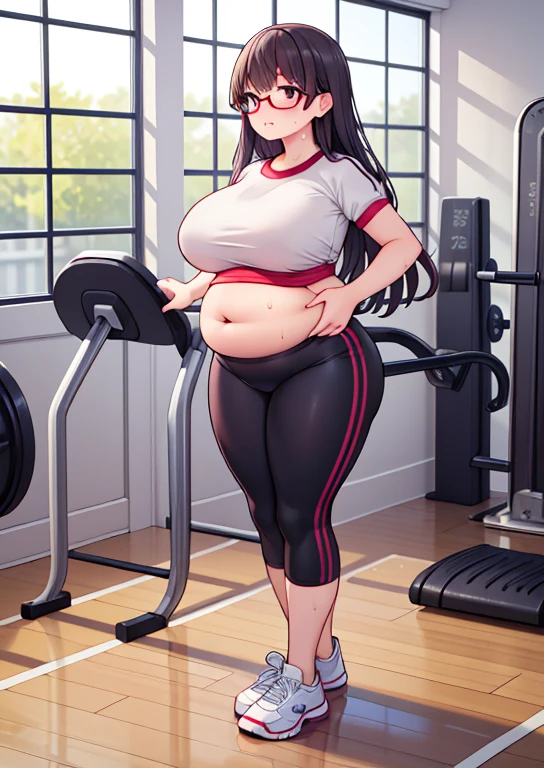 (masterpiece, best quality, highly detailed), 1girls, big belly, huge belly, art by kipteitei, round belly, chubby, curvy, belly grab, enormous belly, fat belly, thicc, bigger belly, really big belly, jiggly belly, glasses, gym clothes, (sweating), very tight breasts, ((full body)), fl