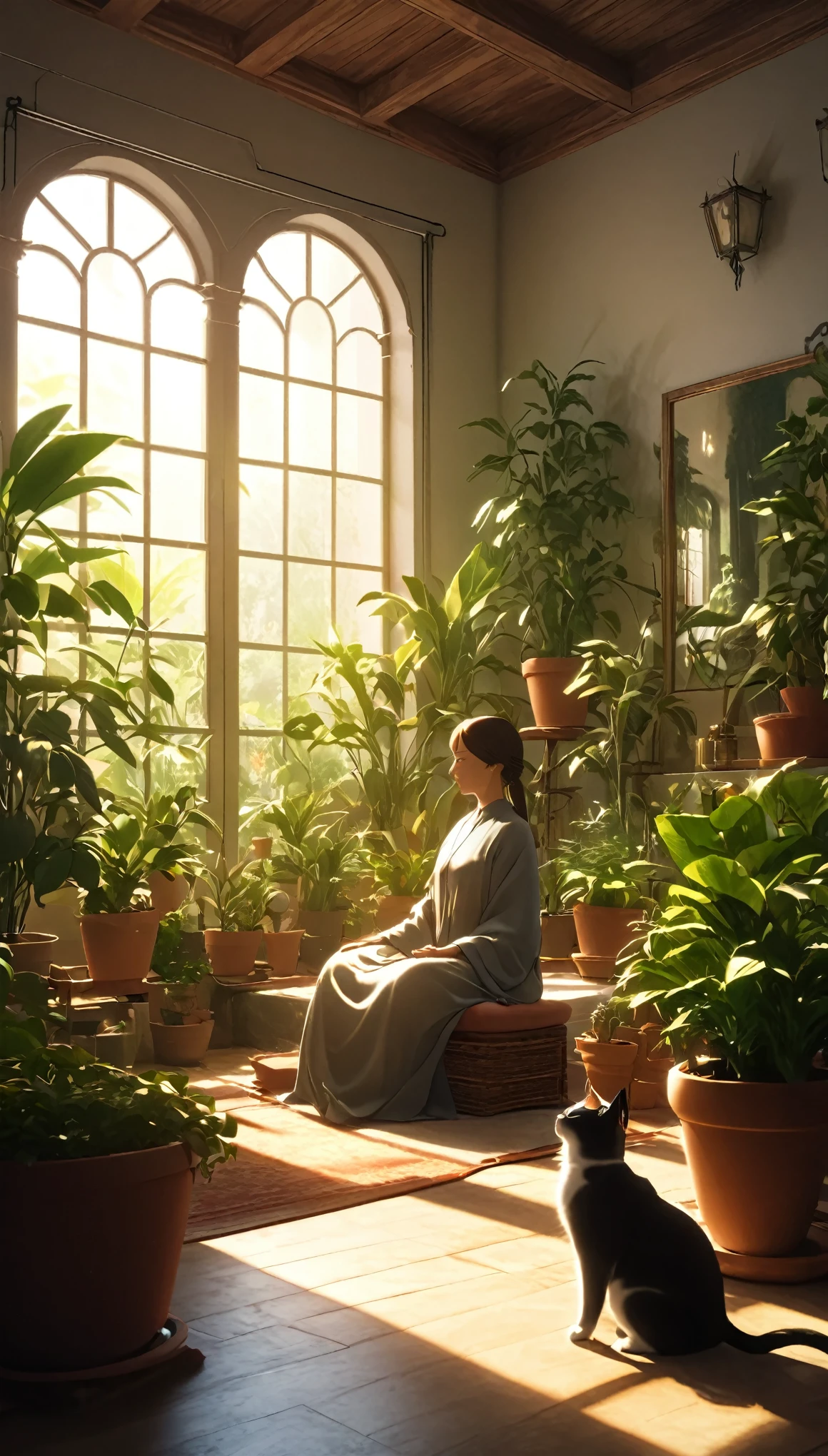 Pessoa ocidental meditando cercada de gatos. The setting is the interior of a beautiful room with many potted plants. cinematic lighting. Pessoa meditando. meditation. ultra HD