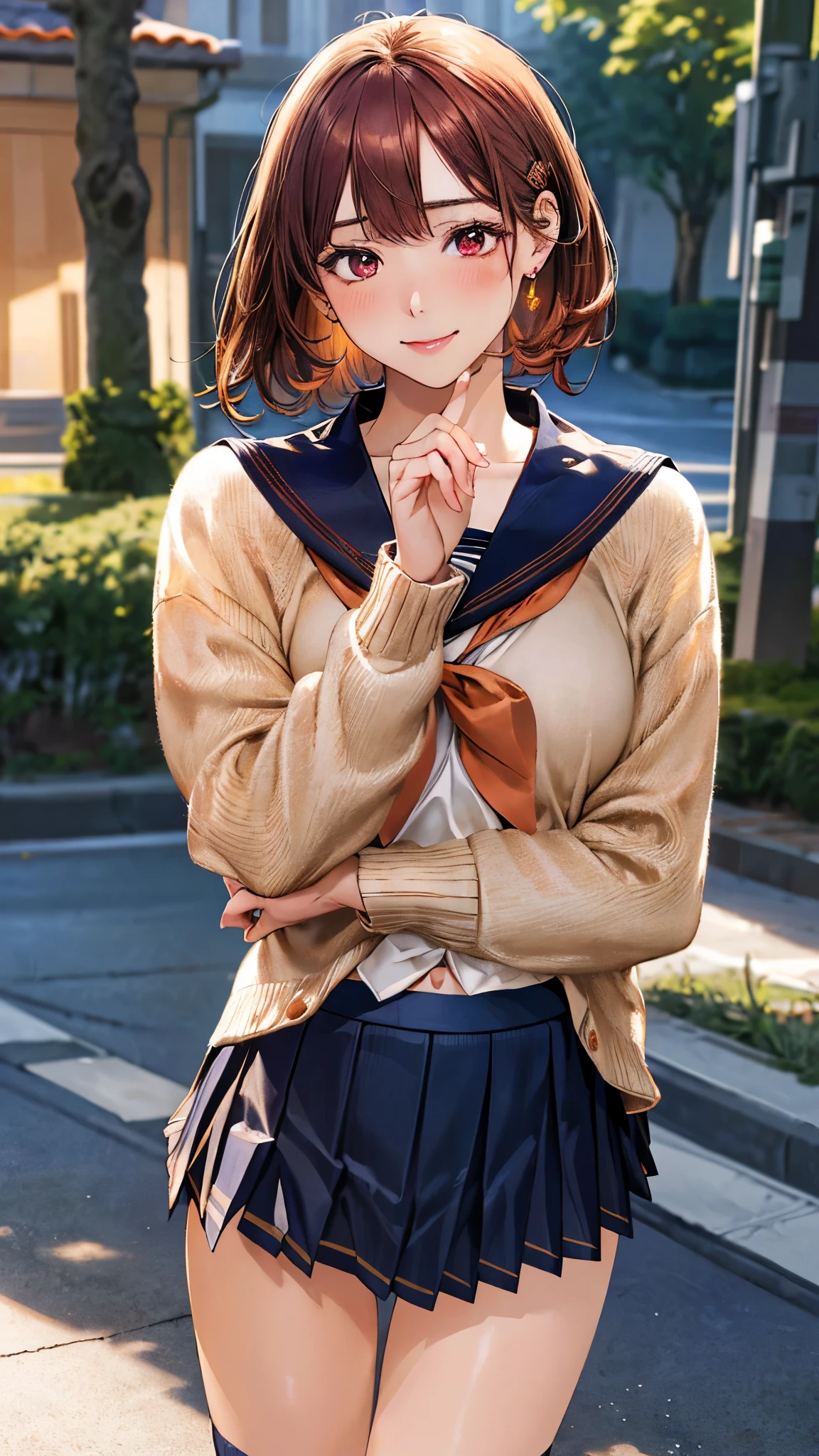 (masterpiece:1.3, top-quality, ultra high res, ultra detailed), (realistic, photorealistic:1.4), beautiful illustration, perfect lighting, natural lighting, colorful, depth of fields, surrealism, 
beautiful detailed hair, beautiful detailed face, beautiful detailed eyes, beautiful clavicle, beautiful body, beautiful chest, beautiful thigh, beautiful legs, beautiful fingers, shiny skin, 
looking at viewer, 1 girl, japanese, high school girl, (perfect anatomy, anatomically correct, super detailed skin), cute and symmetrical face, babyface, perfect face, perfect eyes, perfect fingers,
(short hair, straight hair, long sideburns, copper tone hair), asymmetrical bangs, maroon eyes, long eyelashes, (medium breasts, seductive thighs), glamorous body, outstanding style, 
(detailed cloth texture, (cute, long sleeves, break, navy pleated skirt, sailor collar, break, orange sailor scarf, break, light orange cardigan), break, hair clips, white socks), 
(beautiful scenery), (grassy), standing, (pretty smile), 