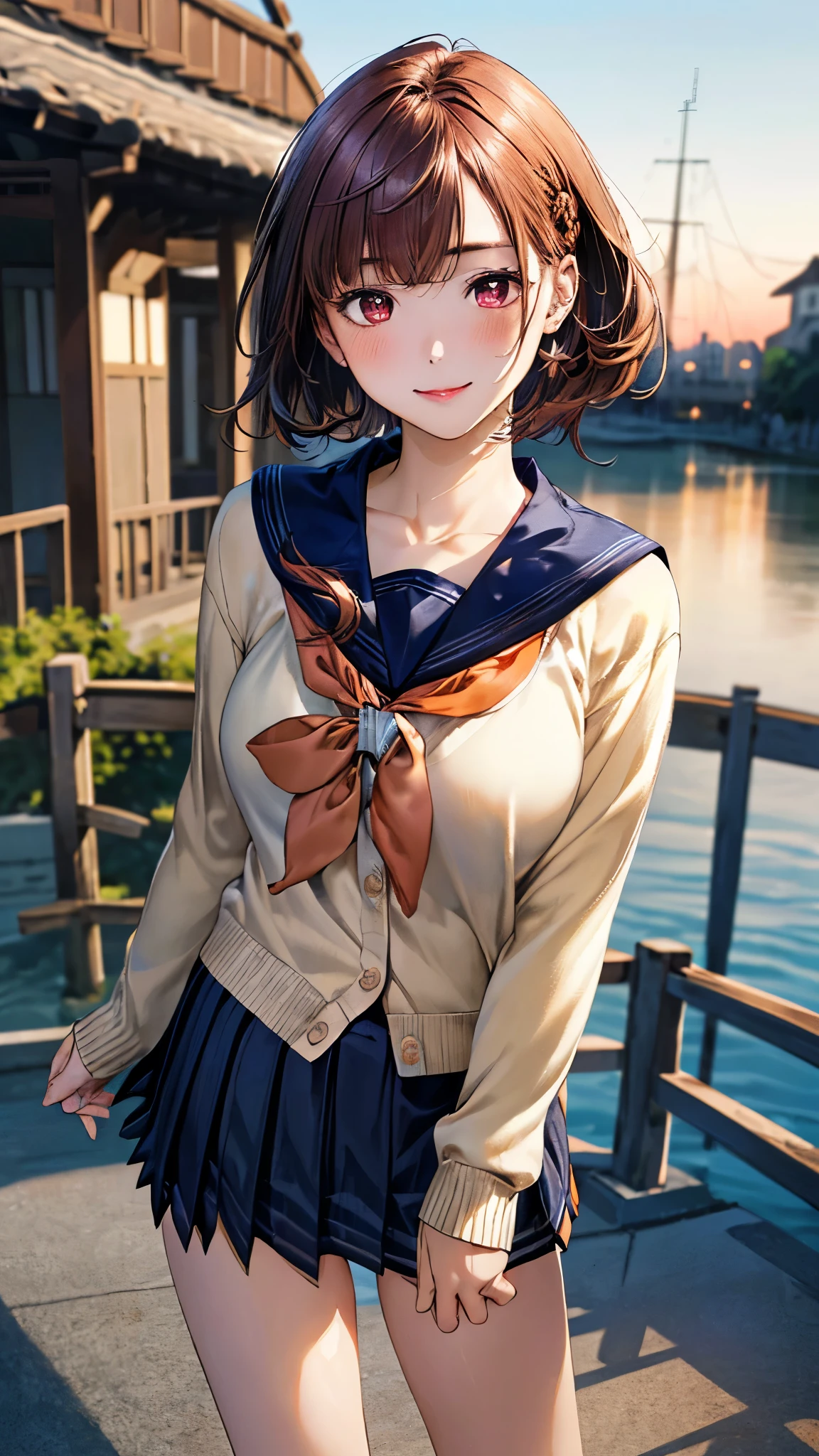 (masterpiece:1.3, top-quality, ultra high res, ultra detailed), (realistic, photorealistic:1.4), beautiful illustration, perfect lighting, natural lighting, colorful, depth of fields, surrealism,
beautiful detailed hair, beautiful detailed face, beautiful detailed eyes, beautiful clavicle, beautiful body, beautiful chest, beautiful thigh, beautiful legs, beautiful fingers, shiny skin,
looking at viewer, 1 girl, japanese, high school girl, (perfect anatomy, anatomically correct, super detailed skin), cute and symmetrical face, babyface, perfect face, perfect eyes, perfect fingers,
(short hair, straight hair, long sideburns, copper tone hair), asymmetrical bangs, maroon eyes, long eyelashes, (medium breasts, seductive thighs), glamorous body, outstanding style,
(detailed cloth texture, (cute, long sleeves, break, navy pleated skirt, sailor collar, break, orange sailor scarf, break, light orange cardigan), break, hair clips, white socks),
(beautiful scenery), (grassy), standing, (pretty smile),