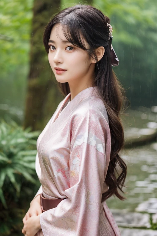 ((Best quality, Ultra-high resolution, Masterpiece :1.3)), 1 girl, beautiful Japanese woman with emphasis on the finest skin and shining complexion: 1.4, (long, wavy hair with a hint of silver from the rain: 1.2), kimono with patterned fabric: 1.2, obi belt, sandals, geta, deep in the forest: 1.2, (fog: 1.2), it's raining, water tamari, mist, water, rain is falling, lots of tall trees surrounding: 1.2, highly detailed face, beautiful eyes, subtle eyeliner, pink blush on cheeks, avoid