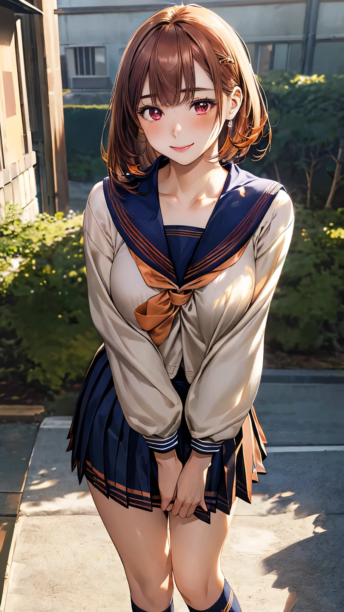 (masterpiece:1.3, top-quality, ultra high res, ultra detailed), (realistic, photorealistic:1.4), beautiful illustration, perfect lighting, natural lighting, colorful, depth of fields, surrealism,
beautiful detailed hair, beautiful detailed face, beautiful detailed eyes, beautiful clavicle, beautiful body, beautiful chest, beautiful thigh, beautiful legs, beautiful fingers, shiny skin,
looking at viewer, 1 girl, japanese, high school girl, (perfect anatomy, anatomically correct, super detailed skin), cute and symmetrical face, babyface, perfect face, perfect eyes, perfect fingers,
(short hair, straight hair, long sideburns, copper tone hair), asymmetrical bangs, maroon eyes, long eyelashes, (medium breasts, seductive thighs), glamorous body, outstanding style,
(detailed cloth texture, (cute, long sleeves, break, navy pleated skirt, sailor collar, break, orange sailor scarf, break, light orange cardigan), break, hair clips, white socks),
(beautiful scenery), (grassy), standing, (pretty smile),