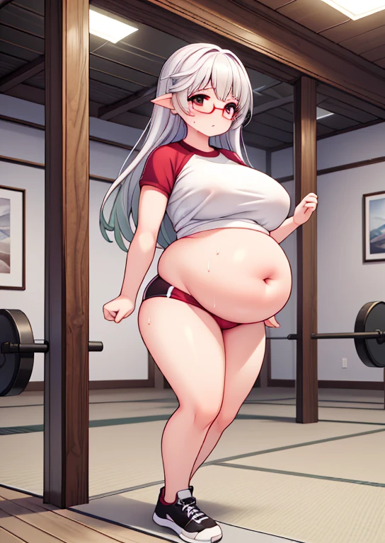 (masterpiece, best quality, highly detailed), 1girls, big belly, huge belly, art by kipteitei, round belly, chubby, curvy, belly grab, enormous belly, fat belly, thicc, bigger belly, really big belly, jiggly belly, glasses, gym clothes, (sweating), very tight breasts, ((full body))