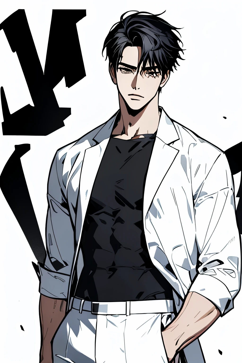 masterpiece, ultra detailed, 4K, 8K, 32K, intricate, (((1boy))), ((black hair)), ((no background)), white background, detailed eyes, white shirt and black pants, , handsome young man, 20 year old, (((same character))), dynamic pose, anatomically correct hands, modern clothing, detailed clothes, (slender body), Hideaki Sorachi, Bleach, Tite Kubo, Kazuki Yone, (((stylish haircut))), holding both hands