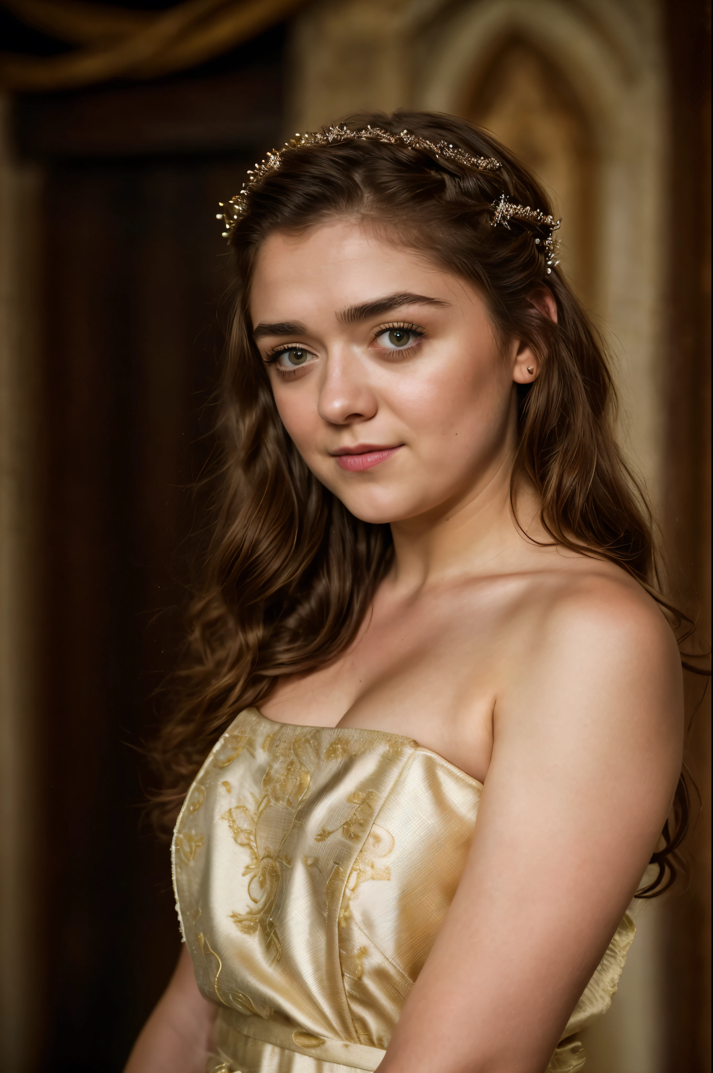 Foto RAW, Arya Stark, Stunning Beauty, Ravishing, Enchantress, Extremely gorgeous lady, Arya Stark PLAYED BY MAISIE WILLIAMS, Queen Arya Stark, she  a mature woman now, milf, sexy mediaeval battle dress, gladiator woman, body, 40 years old Woman, Roman slave dress, cotton dress, busty mediaeval costumes, body revealing costumes, perky breast, big natural breast, erotic costumes, lusty physique, seductive figure can capture every people's attention, Game of thrones costumes, revealing captivating figure, Mediaeval costumes, revealing clothes, A tomboy, she would rather fence than dance, warrior queen , game of thrones screen caps, Game of Thrones Series, (pele altamente detalhada: 1.2), 8k UHD, DSLR, soft-lighting, alta qualidade, grain of film, Fujifilm XT3, flawless picture, highly detailed, detailed Beauty, intricate, 32k, sharp picture,