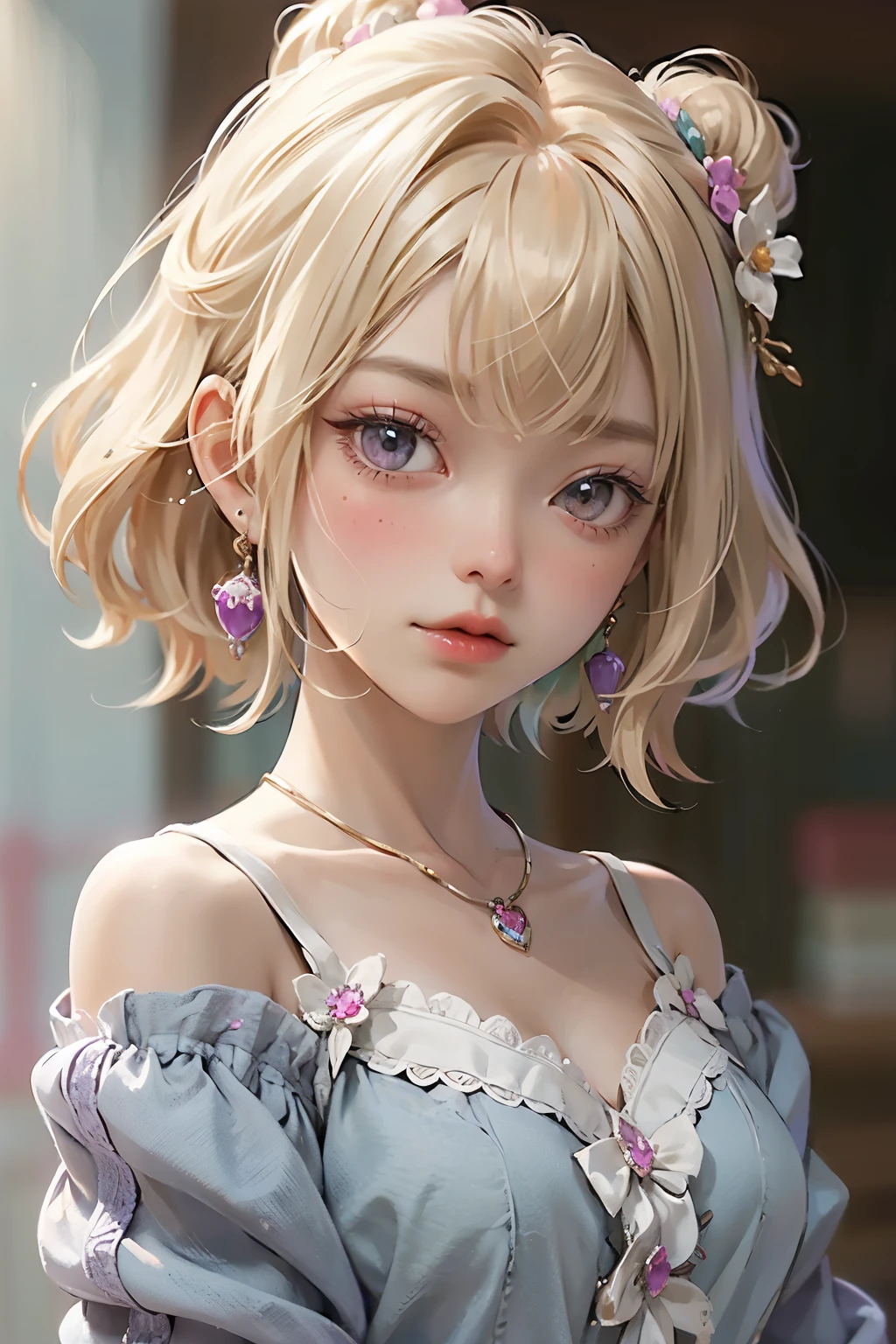 face focus, cute, masterpiece, best quality, 1girl, solo, jewelry, blonde hair, hair ornament, earrings, hairclip, looking at viewer, portrait, short hair, white background, parted lips, blush, bangs, simple background, signature, necklace, virtual youtuber, bare shoulders, collarbone, multicolored hair, aqua eyes, hair ribbon, open mouth, purple hair, star earrings