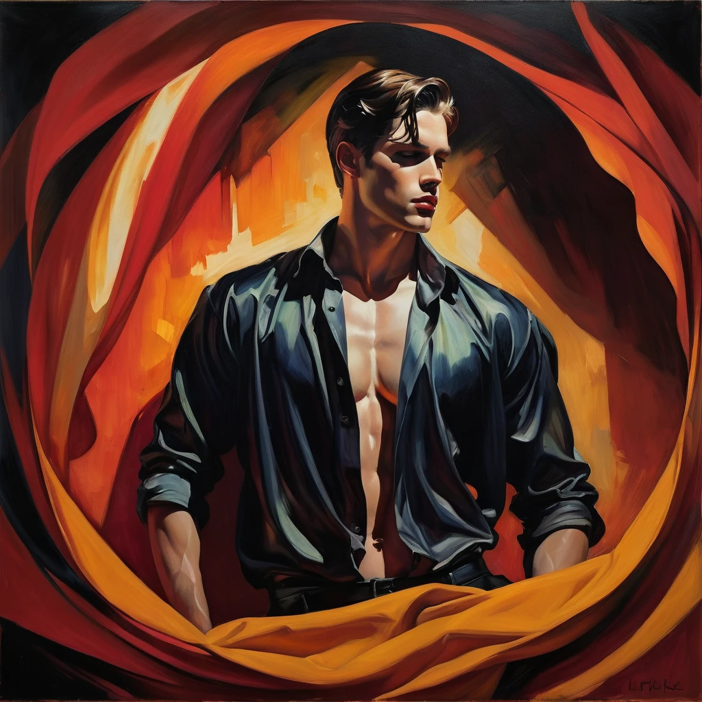 chiaroscuro technique on sensual illustration of an arafed man in white, sexy masculine, male model, by Malcom Liepke, model with attractive body, inspired by Ludovit Fulla, mid-shot of a hunky, the model draped in flowing, thick oil painting by Harumi Hironaka, extremely soft colors, vibrant, highly detailed, malcolm liepke painting, oil on canvas, high contrast, dramatic, refined, tonal, Create high contrast between light and shadow, oil on linen