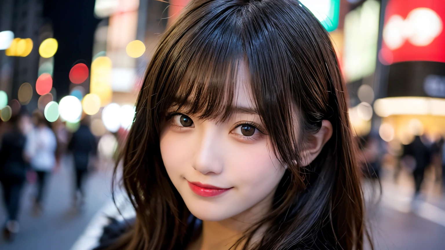 Tabletop, highest quality, shape, Very detailed, finely, High resolution, 8k wallpaper, perfect dynamic composition shape, Head straight ahead、finely beautiful eyes, Wearing a black dress,Medium Hair,Natural color lip, smile,Harajuku、Teenage Girl、cute、Looking at the camera、C Cup、Brown Hair、Blurred night New York background