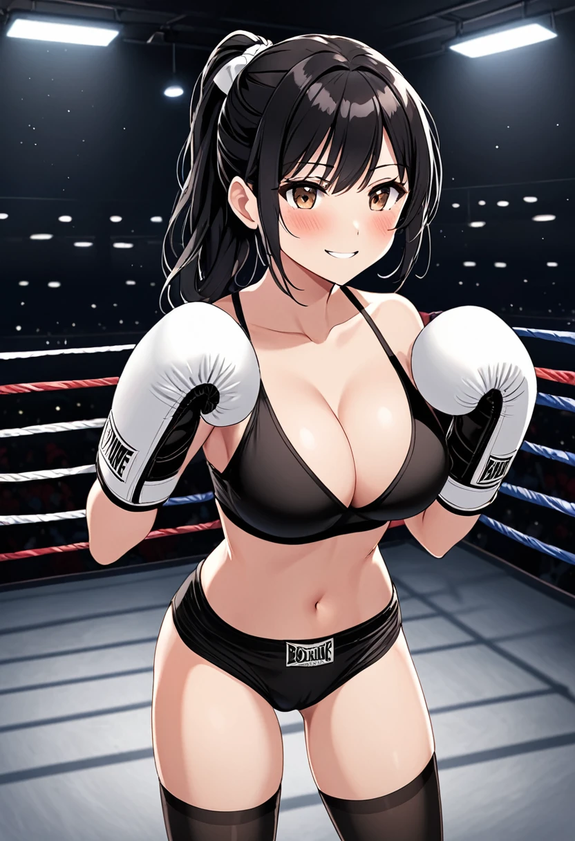high quality, girl, Long black hair tied into a ponytail, Brown eyes, Smile,blush,Wearing black low-cut underwear, Black stockings,Black briefs,Wearing white boxing gloves, Standing alone in the dark boxing ring in an empty gym, Hands in boxing gloves,Cross your arms,Cleavage,nipple