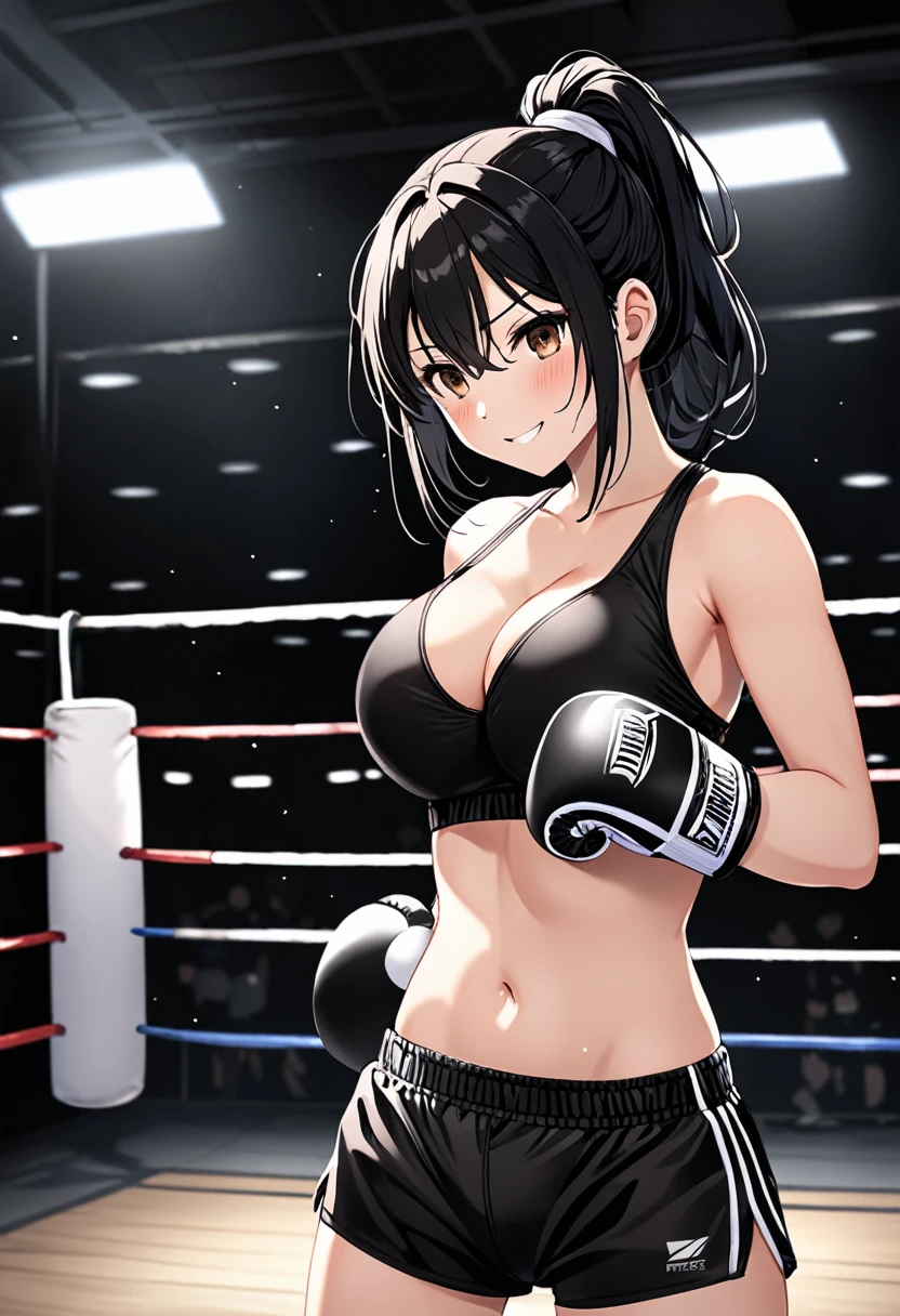 high quality, girl, Long black hair tied into a ponytail, Brown eyes, Smile,blush,Wearing black low-cut underwear, Black stockings,Black briefs,Wearing white boxing gloves, Standing alone in the dark boxing ring in an empty gym, Hands in boxing gloves,Cross your arms,Cleavage,nipple