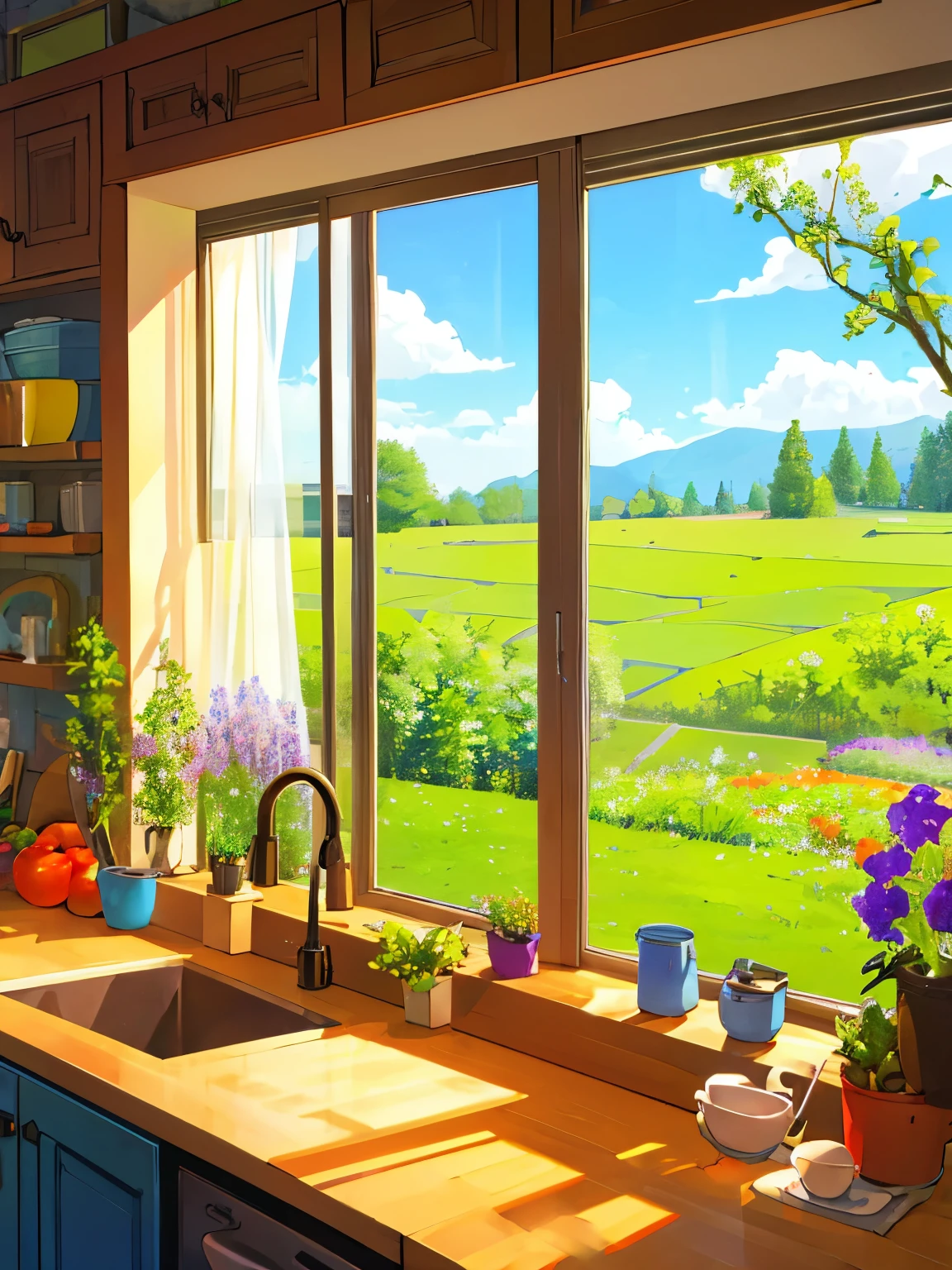 Kitchen with vegetables, View of the garden of flowers and trees from the window, sparkling, bright colors ,Highly detailed, Highly sharp, Masterpiece quality