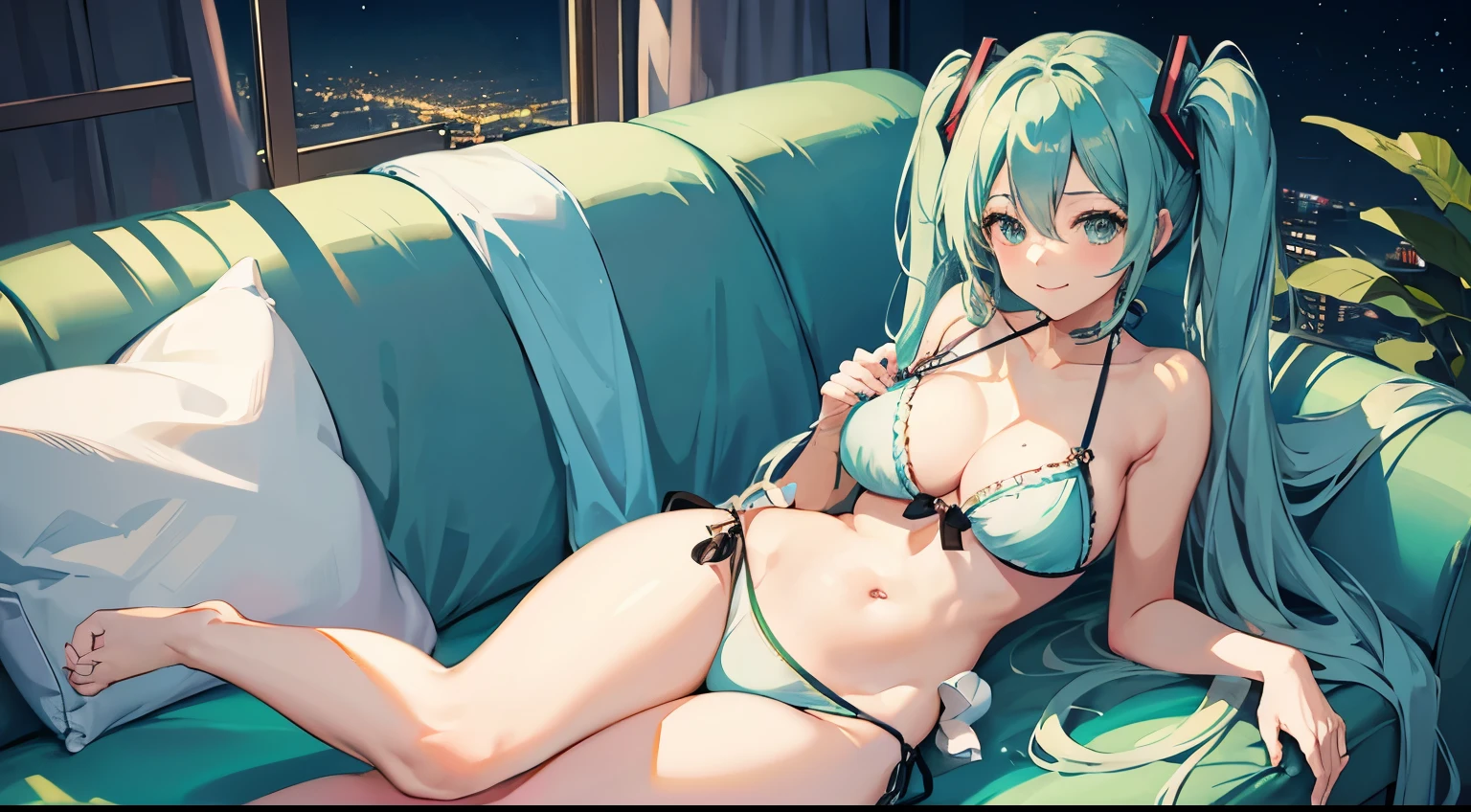 Hatsune Miku in a bikini reading on the sofa、Large Breasts、Night view、smile