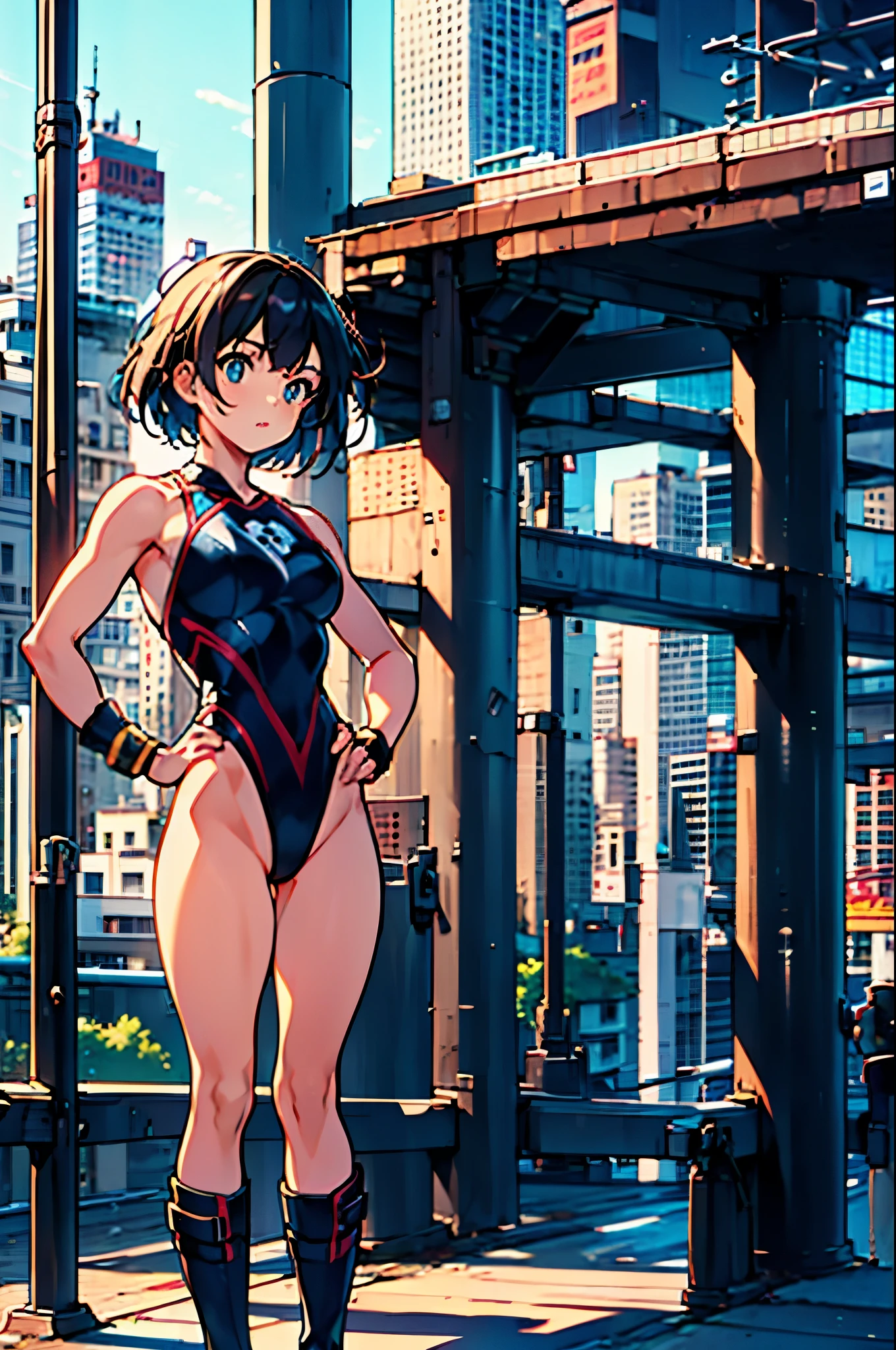 1girl, city backdrop, anime superhero, (leotard, gymnast_outfit leotard), boots, bracelets, hand on hip, medium breasts