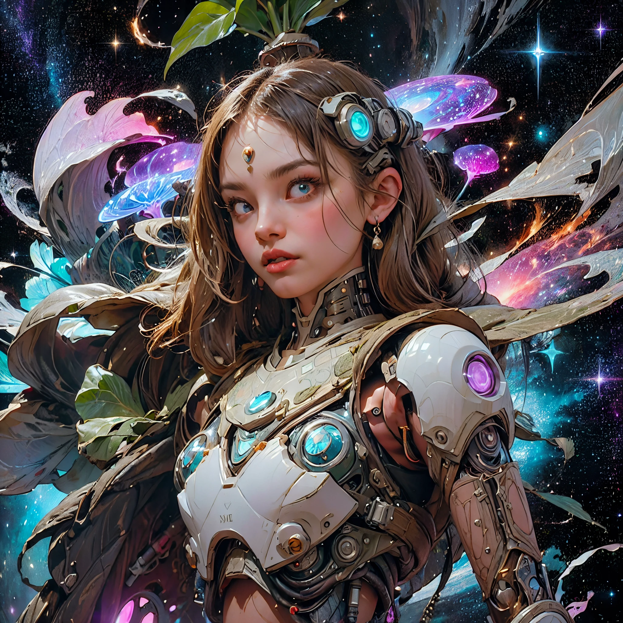 there is a screenshot of a woman in a space suit, cosmic girl, event, cosmic entity, incrinate content details, endless cosmos in the background, historical event, real event, astral background, cosmic background, cosmic goddess, cyborg goddess in cosmos, celestial cosmos, game interface, violet battlefield theme, cosmic style, hyperdetailed content, background details