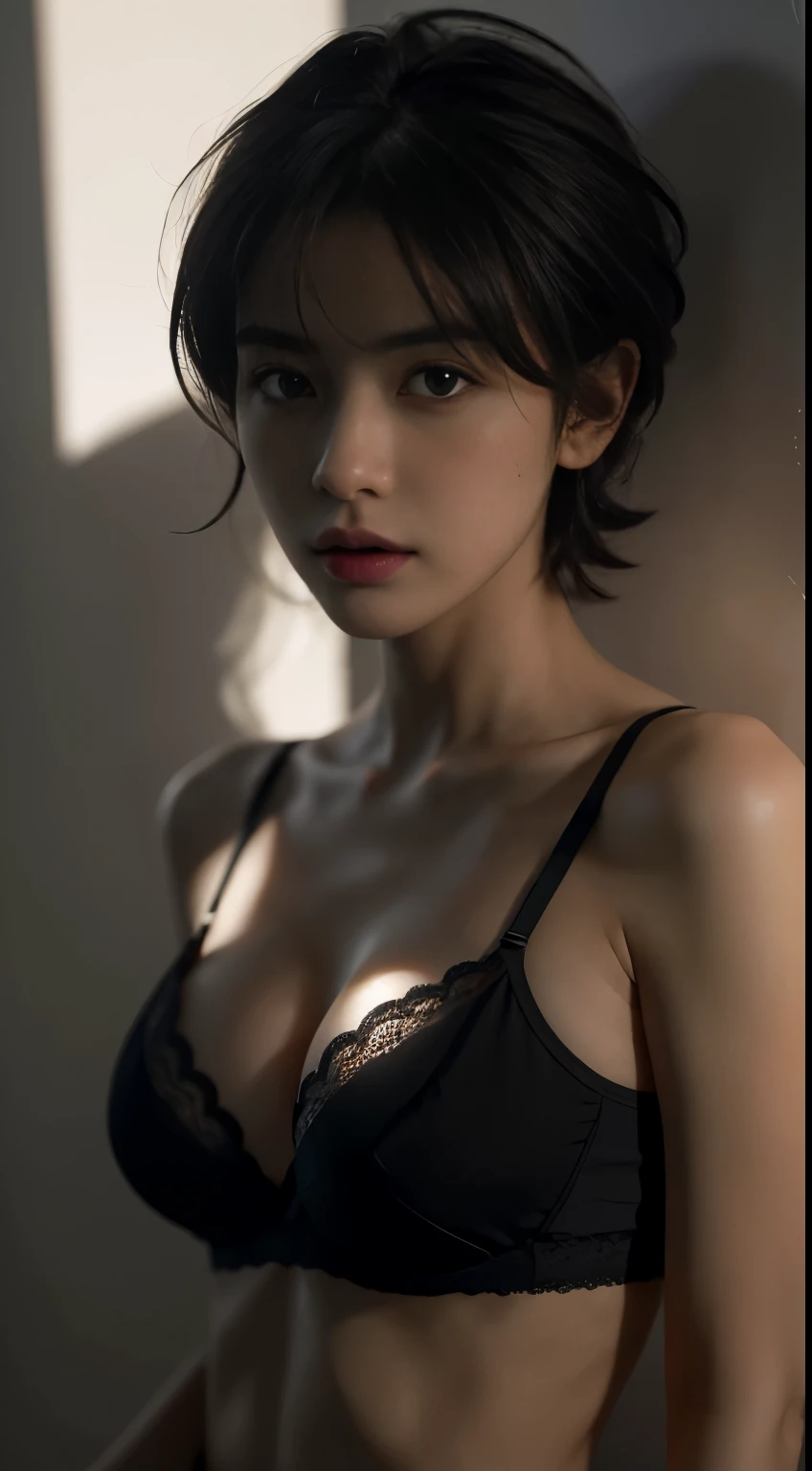 Best quality, masterpiece, ultra high res, (photorealistic:1.5), raw photo, 1girl,, in the dark, deep shadow, low key, cold light, sexy look, short hair, smooth , sexy , leaf shadow, seamless bra