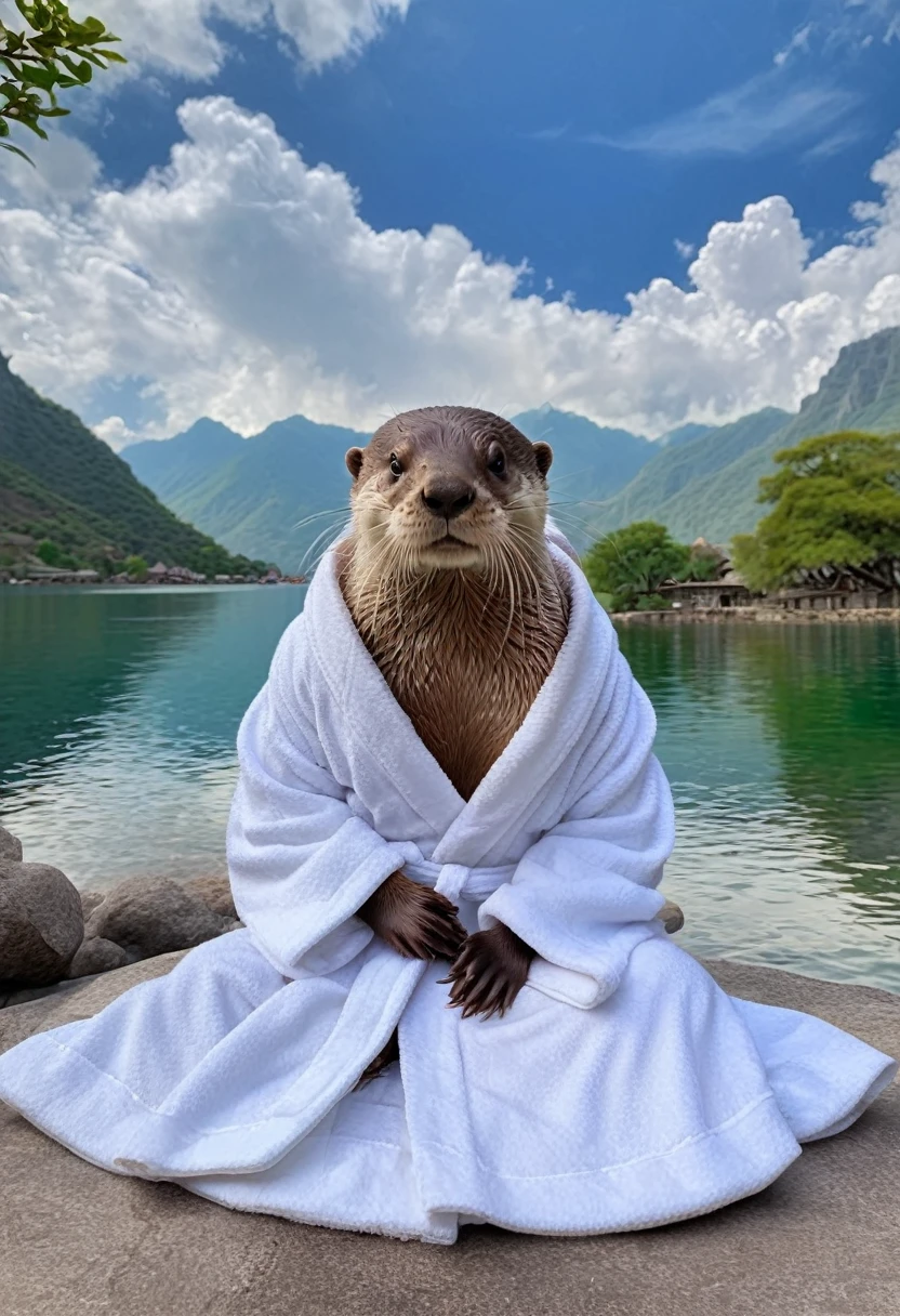 A cute Otter, cloud,mountain,scenery,outdoors,sky,sitting,robe,cloudy sky,tree,solo,architecture, (masterpiece, best quality, Professional, perfect composition, very aesthetic, absurdres, ultra-detailed, intricate details:1.3)